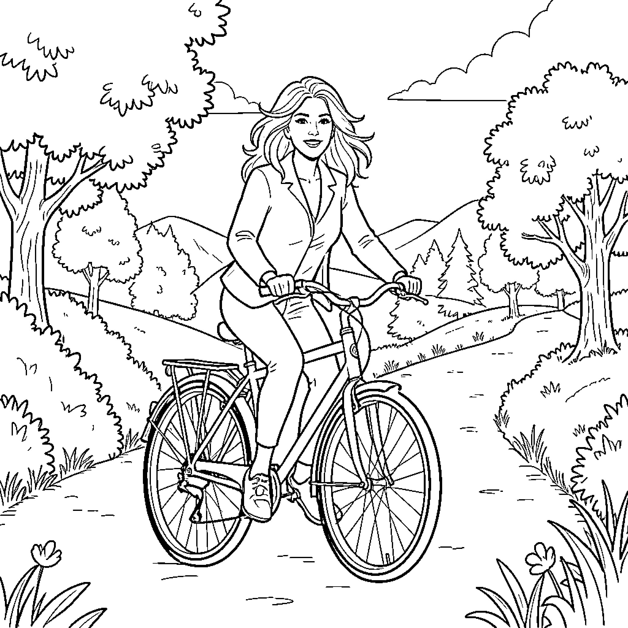 Céline Dion riding a bicycle through a scenic landscape Coloring Page (free black-and-white line drawing printable PDF for all, from beginners to advanced learners, including children, teens, adults, and seniors)