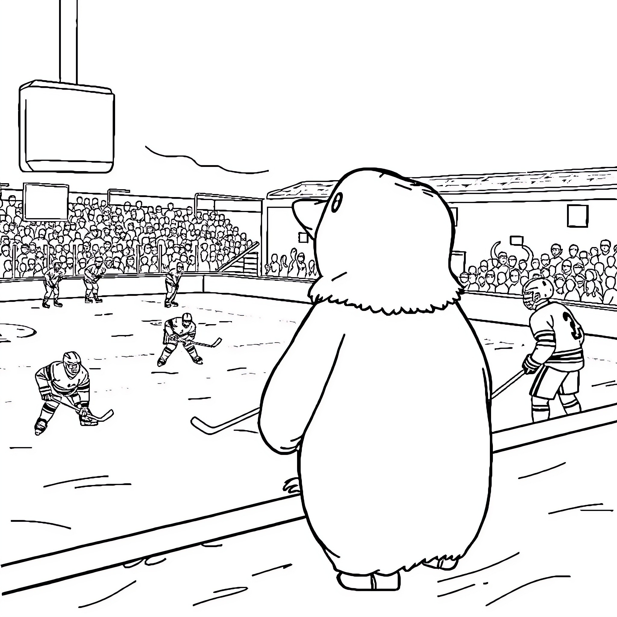 Hockey Team Playing on the Ice Rink Coloring Page (free black-and-white line drawing printable PDF for all, from beginners to advanced learners, including children, teens, adults, and seniors)