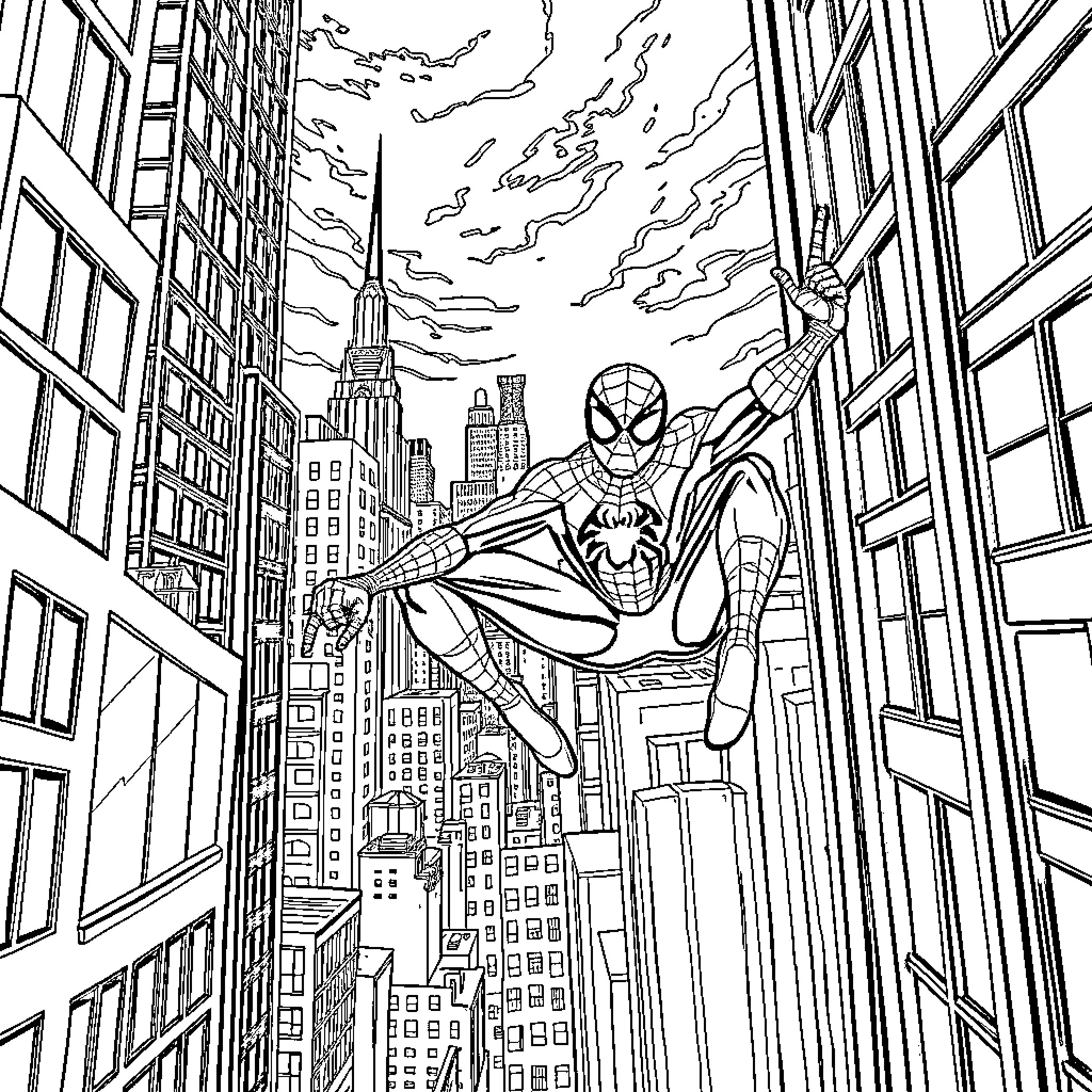 Spidey swings through the city skyline Coloring Page (free black-and-white line drawing printable PDF for all, from beginners to advanced learners, including children, teens, adults, and seniors)