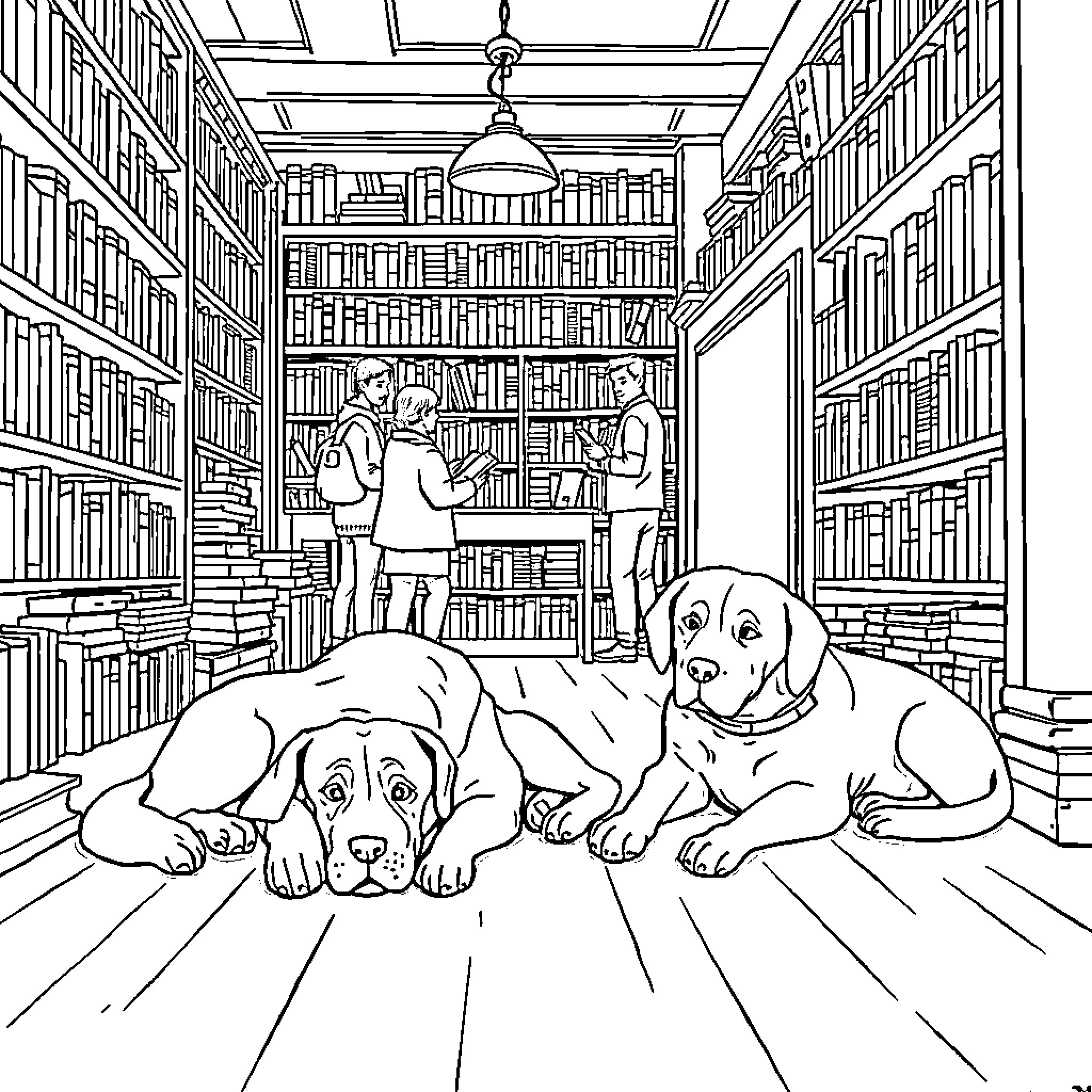 Bookshop with Relaxing Dogs Coloring Page (free black-and-white line drawing printable PDF for all, from beginners to advanced learners, including children, teens, adults, and seniors)
