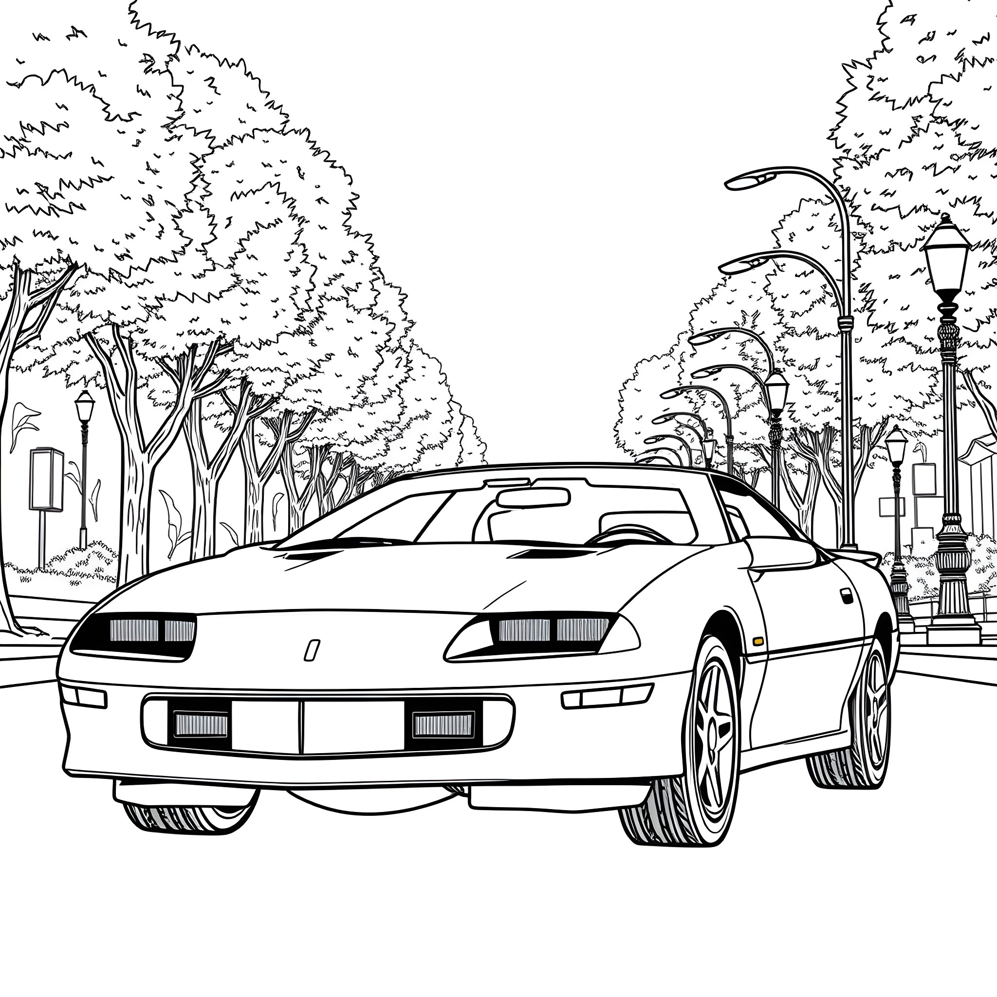 Chevy Camaro driving on a city street Coloring Page (free black-and-white line drawing printable PDF for all, from beginners to advanced learners, including children, teens, adults, and seniors)
