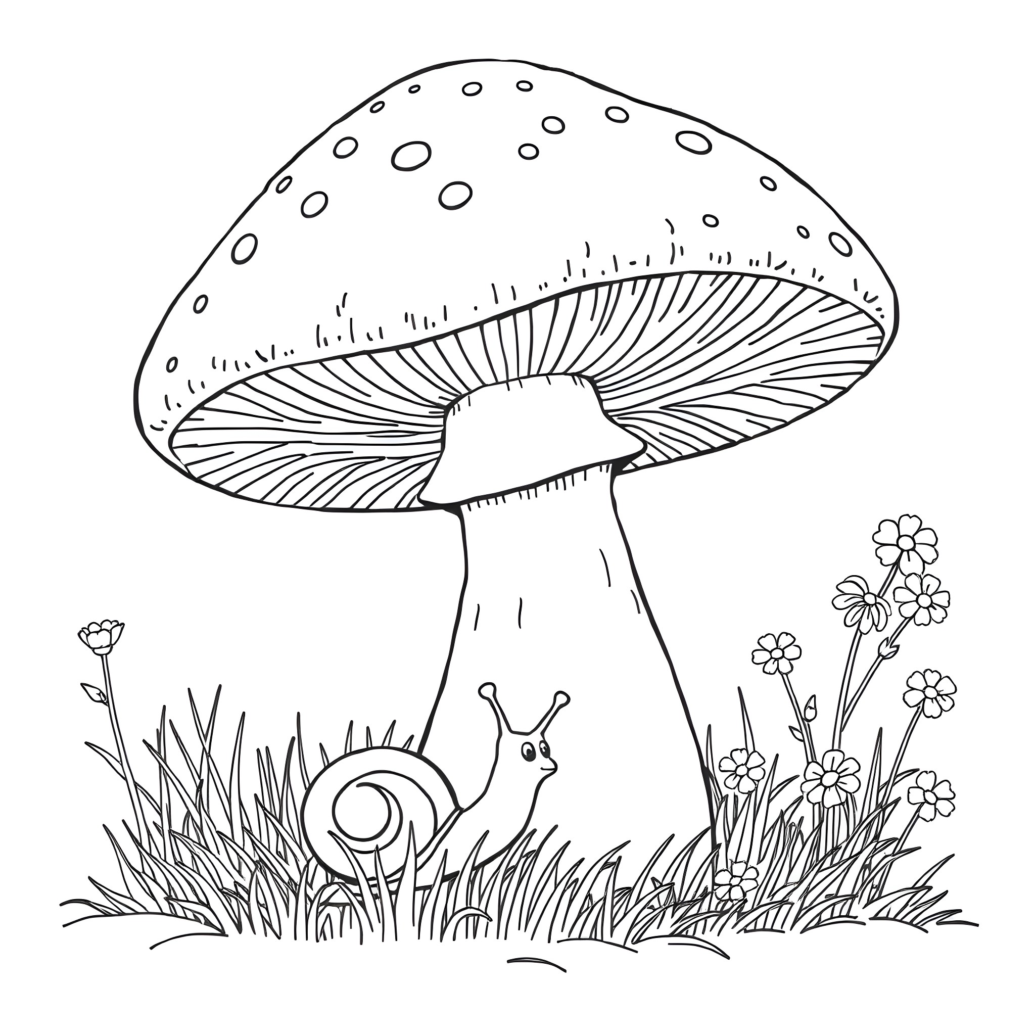 Mushroom with snail in the meadow Coloring Page (free black-and-white line drawing printable PDF for all, from beginners to advanced learners, including children, teens, adults, and seniors)