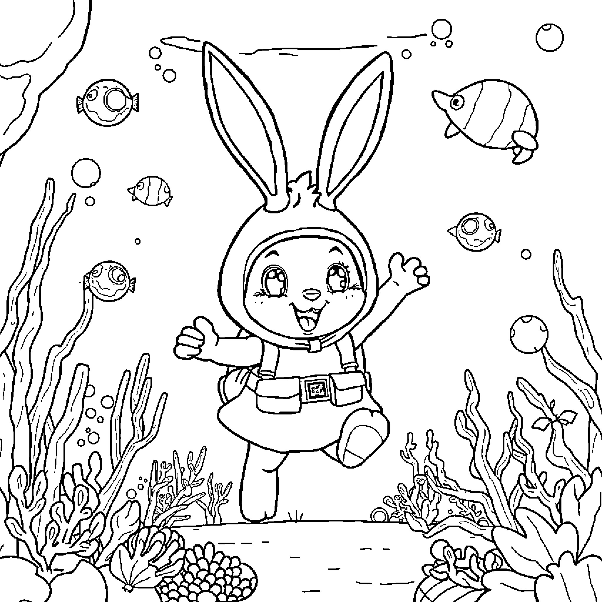 Rabbit exploring the underwater world Coloring Page (free black-and-white line drawing printable PDF for all, from beginners to advanced learners, including children, teens, adults, and seniors)