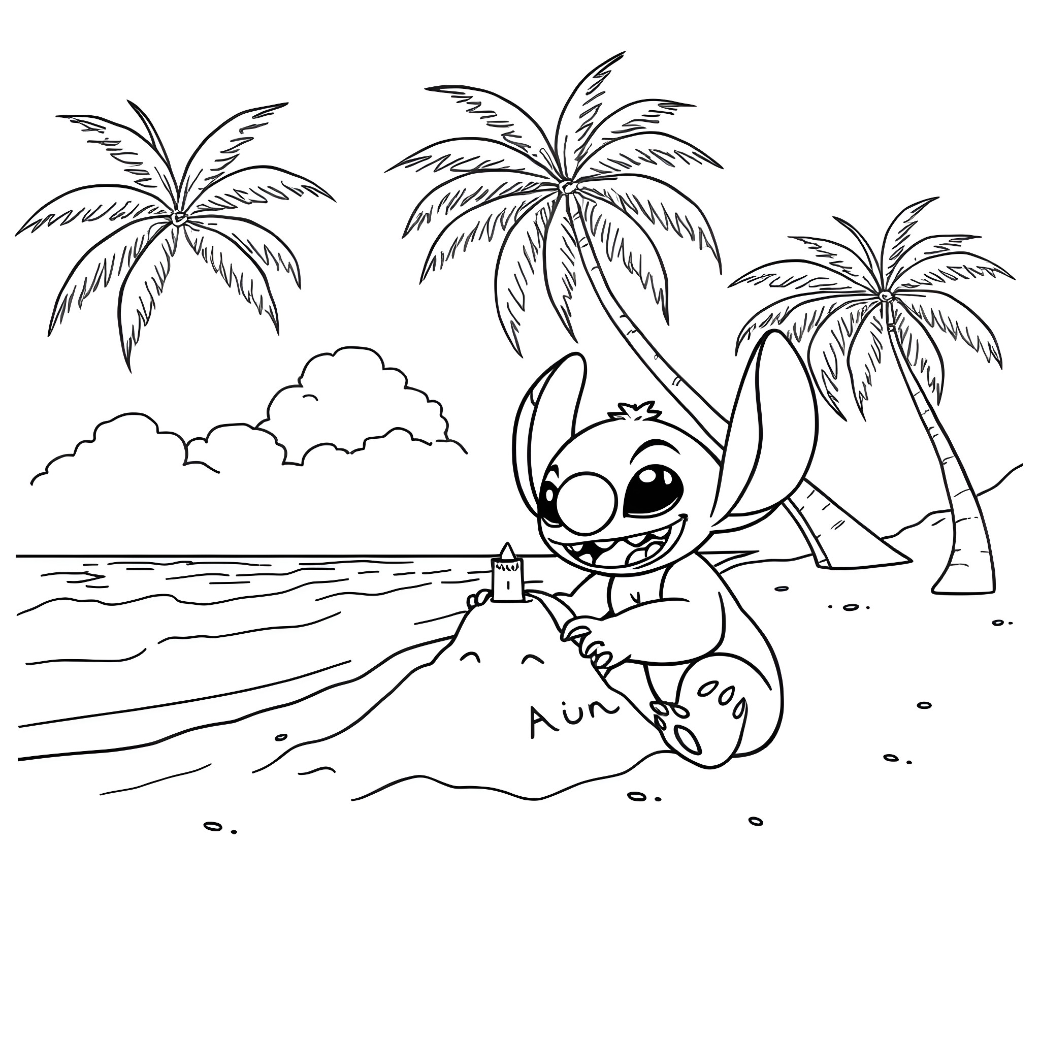 Lilo playing on the beach with palm trees Coloring Page (free black-and-white line drawing printable PDF for all, from beginners to advanced learners, including children, teens, adults, and seniors)