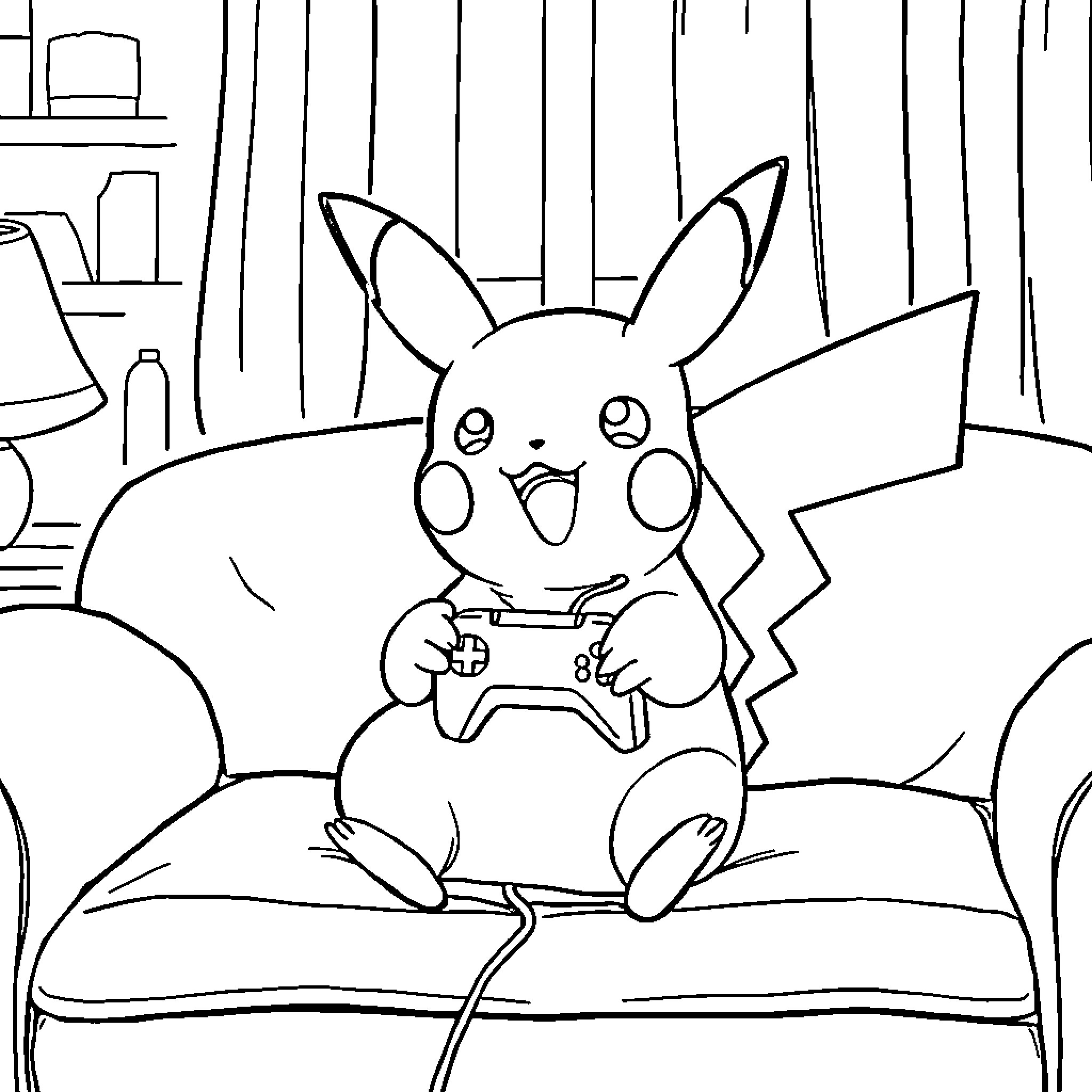 Pikachu playing video games on the couch Coloring Page (free black-and-white line drawing printable PDF for all, from beginners to advanced learners, including children, teens, adults, and seniors)