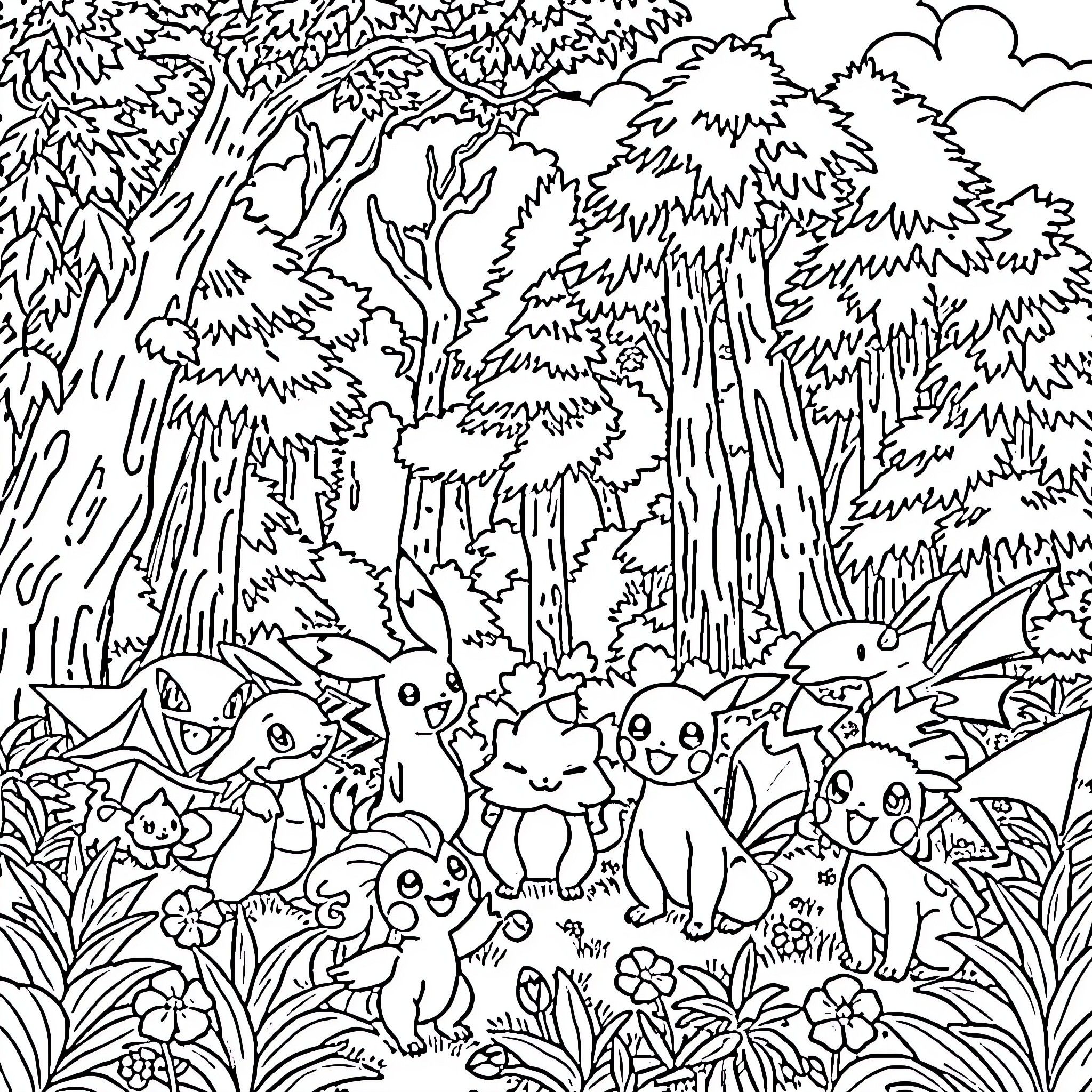 Pokémon Gathering in the Enchanted Forest Coloring Page (free black-and-white line drawing printable PDF for all, from beginners to advanced learners, including children, teens, adults, and seniors)