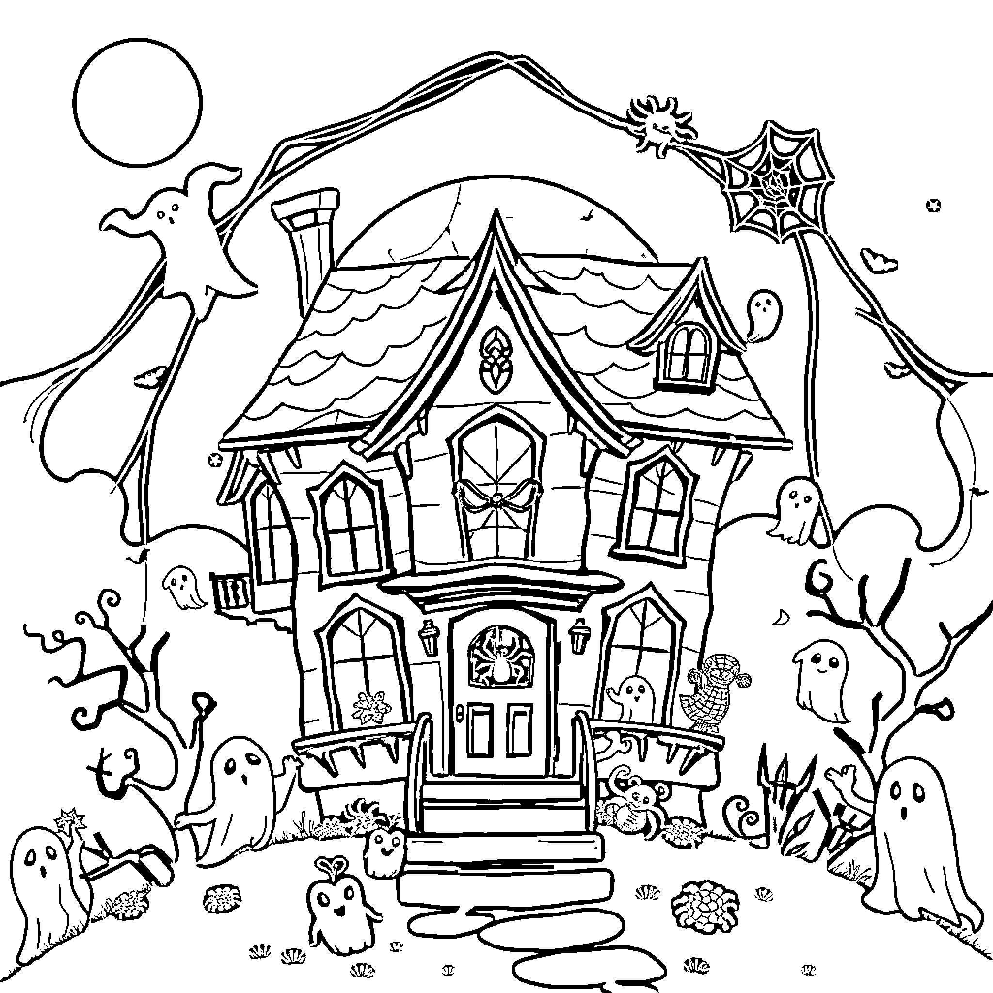Haunted House with Eerie Inhabitants and Spooky Scenery Coloring Page (free black-and-white line drawing printable PDF for all, from beginners to advanced learners, including children, teens, adults, and seniors)