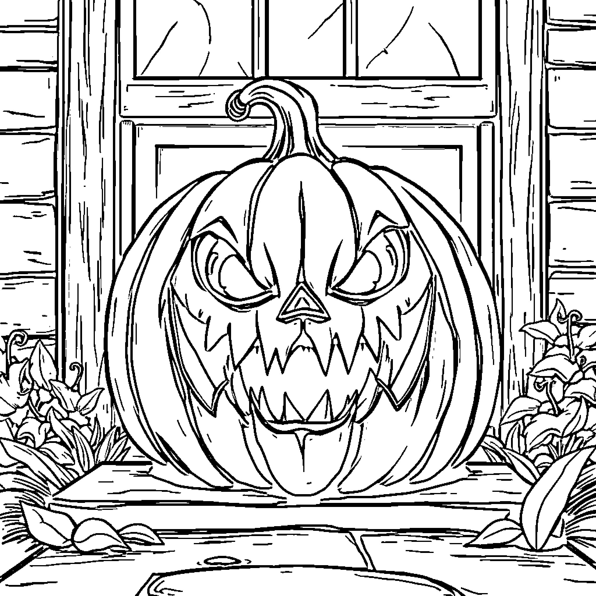 Pumpkin carved into a frightening jack-o'-lantern on a doorstep Coloring Page (free black-and-white line drawing printable PDF for all, from beginners to advanced learners, including children, teens, adults, and seniors)