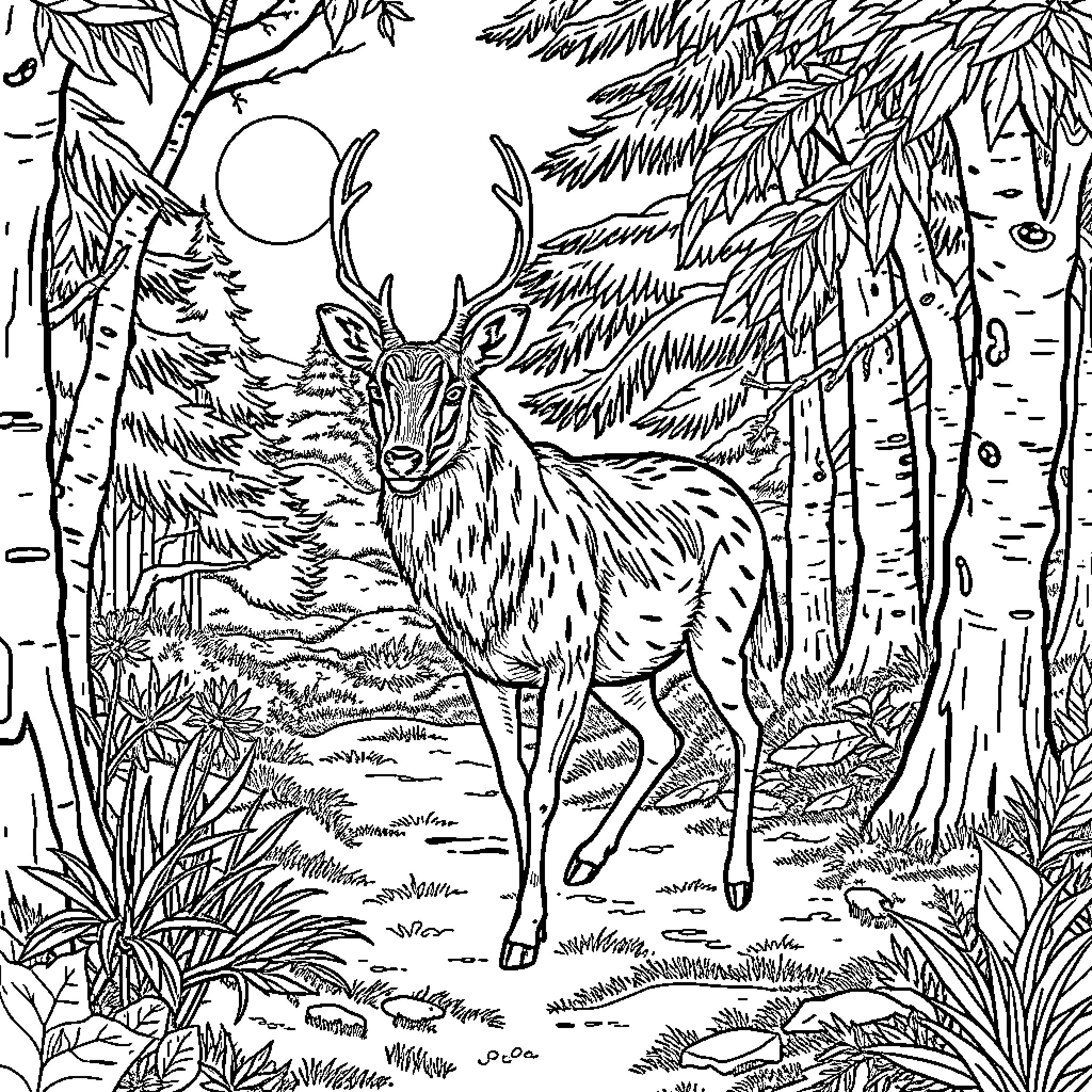 Deer in the enchanting forest landscape Coloring Page (free black-and-white line drawing printable PDF for all, from beginners to advanced learners, including children, teens, adults, and seniors)