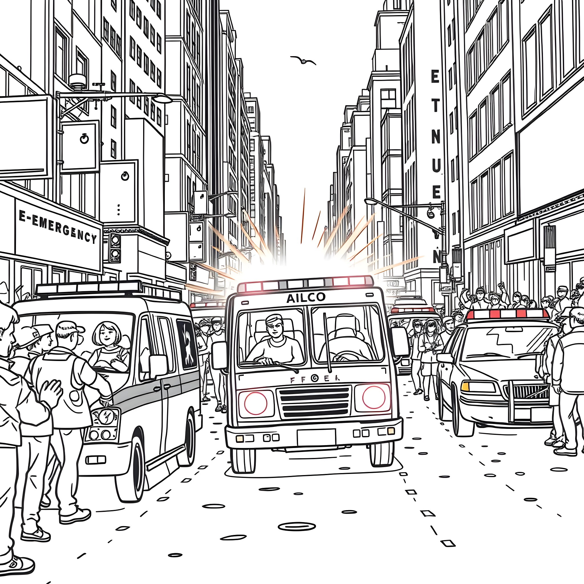 Emergency Vehicle in Busy City Street Coloring Page (free black-and-white line drawing printable PDF for all, from beginners to advanced learners, including children, teens, adults, and seniors)