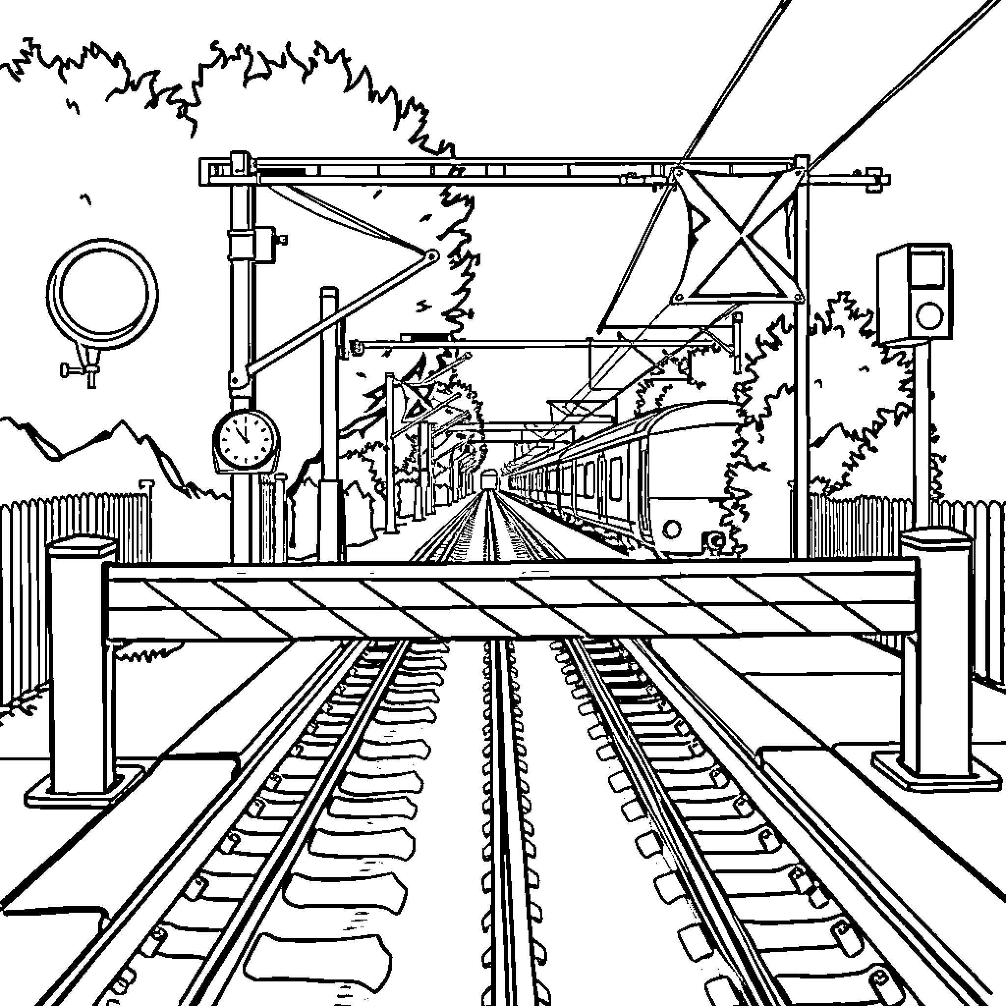 Railroad Crossing with Signals and Tracks Coloring Page (free black-and-white line drawing printable PDF for all, from beginners to advanced learners, including children, teens, adults, and seniors)