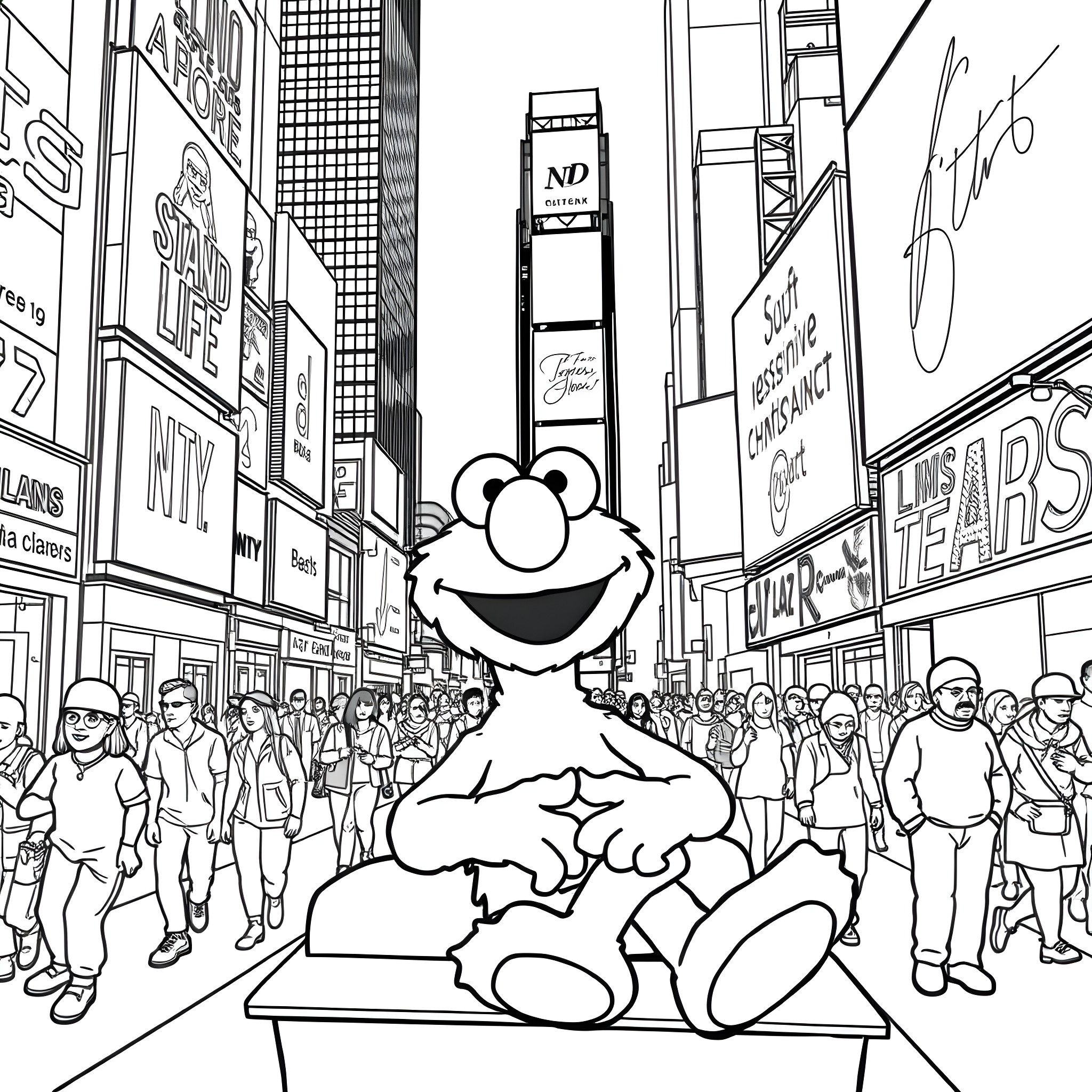 Elmo in Lively Times Square Coloring Page (free black-and-white line drawing printable PDF for all, from beginners to advanced learners, including children, teens, adults, and seniors)