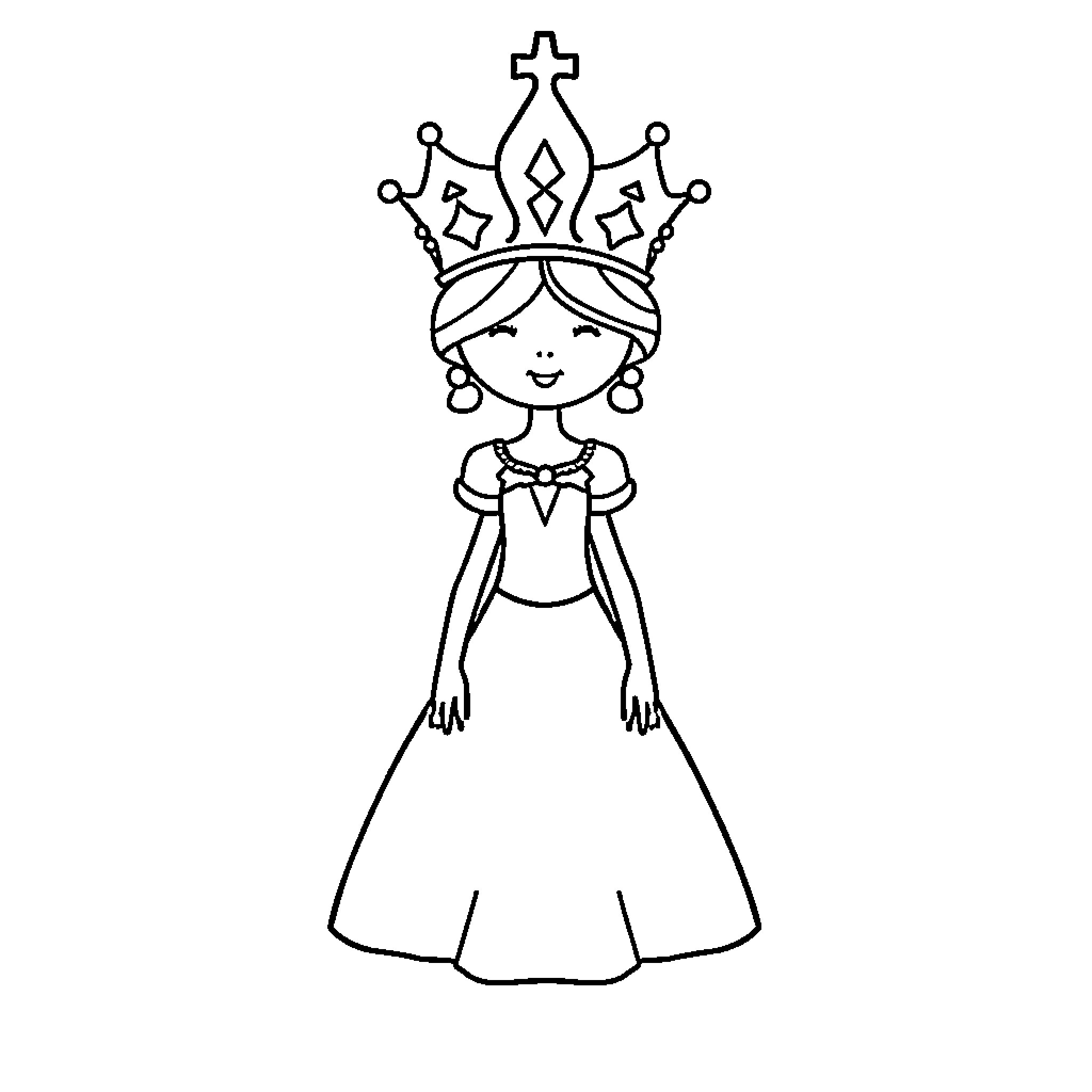 Queen in Crown and Elegant Dress Coloring Page (free black-and-white line drawing printable PDF for all, from beginners to advanced learners, including children, teens, adults, and seniors)