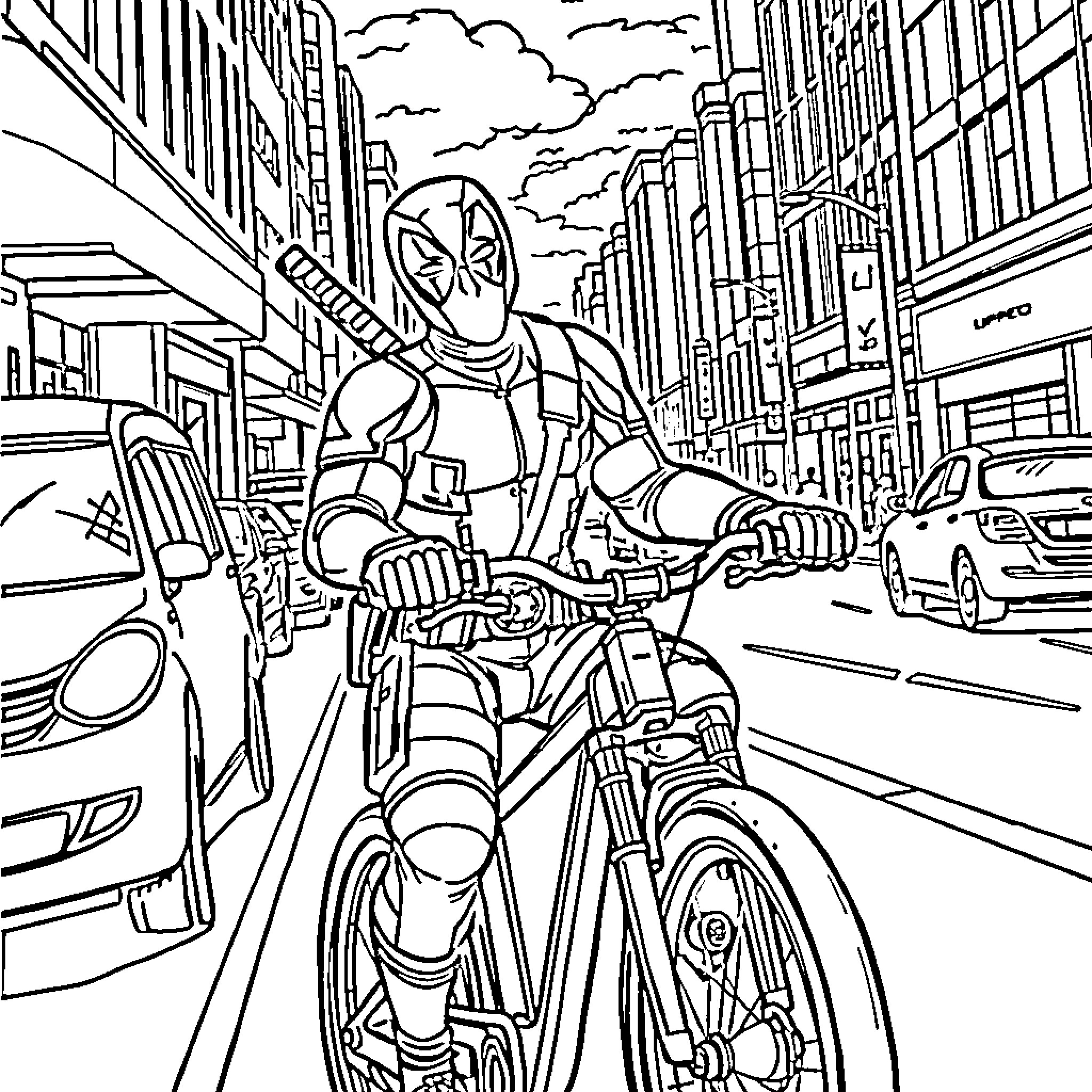 Deadpool riding a bicycle through the city Coloring Page (free black-and-white line drawing printable PDF for all, from beginners to advanced learners, including children, teens, adults, and seniors)