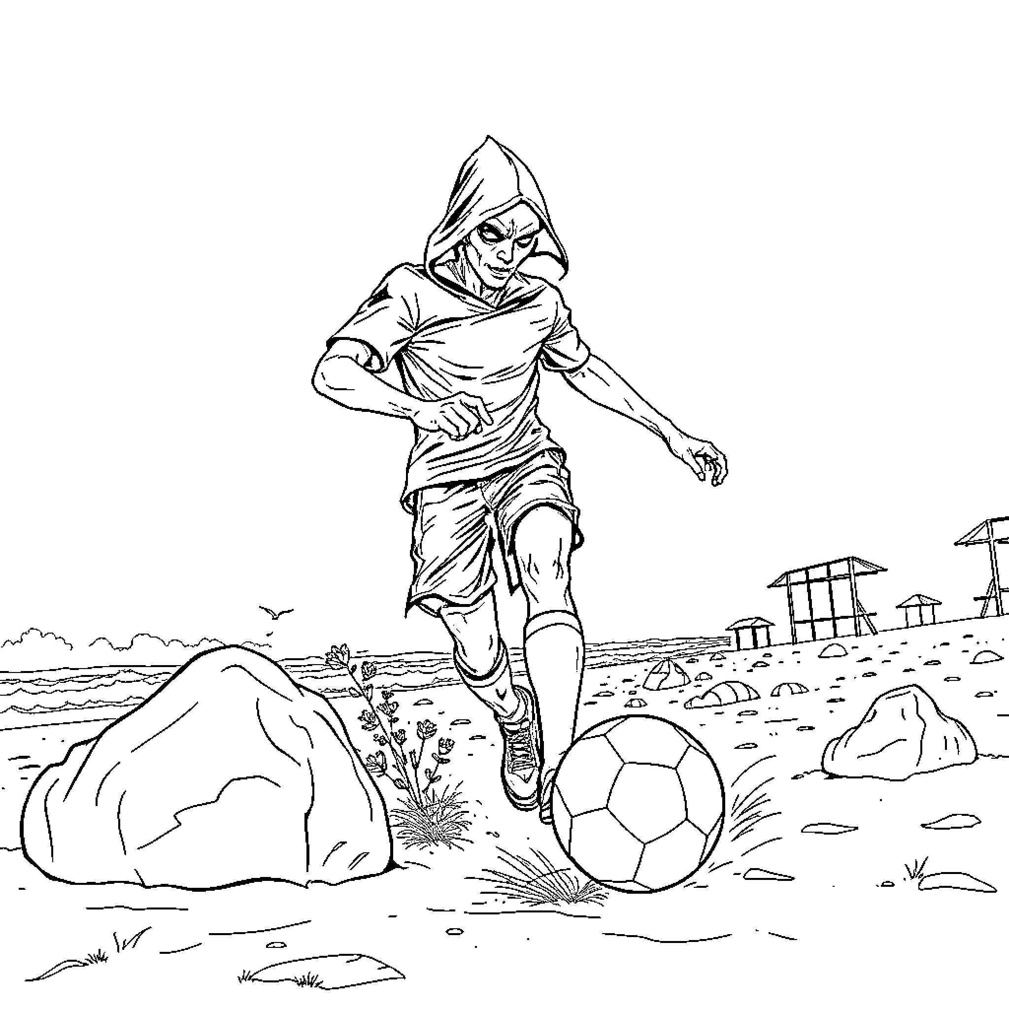 Vampiro playing soccer on the beach Coloring Page (free black-and-white line drawing printable PDF for all, from beginners to advanced learners, including children, teens, adults, and seniors)