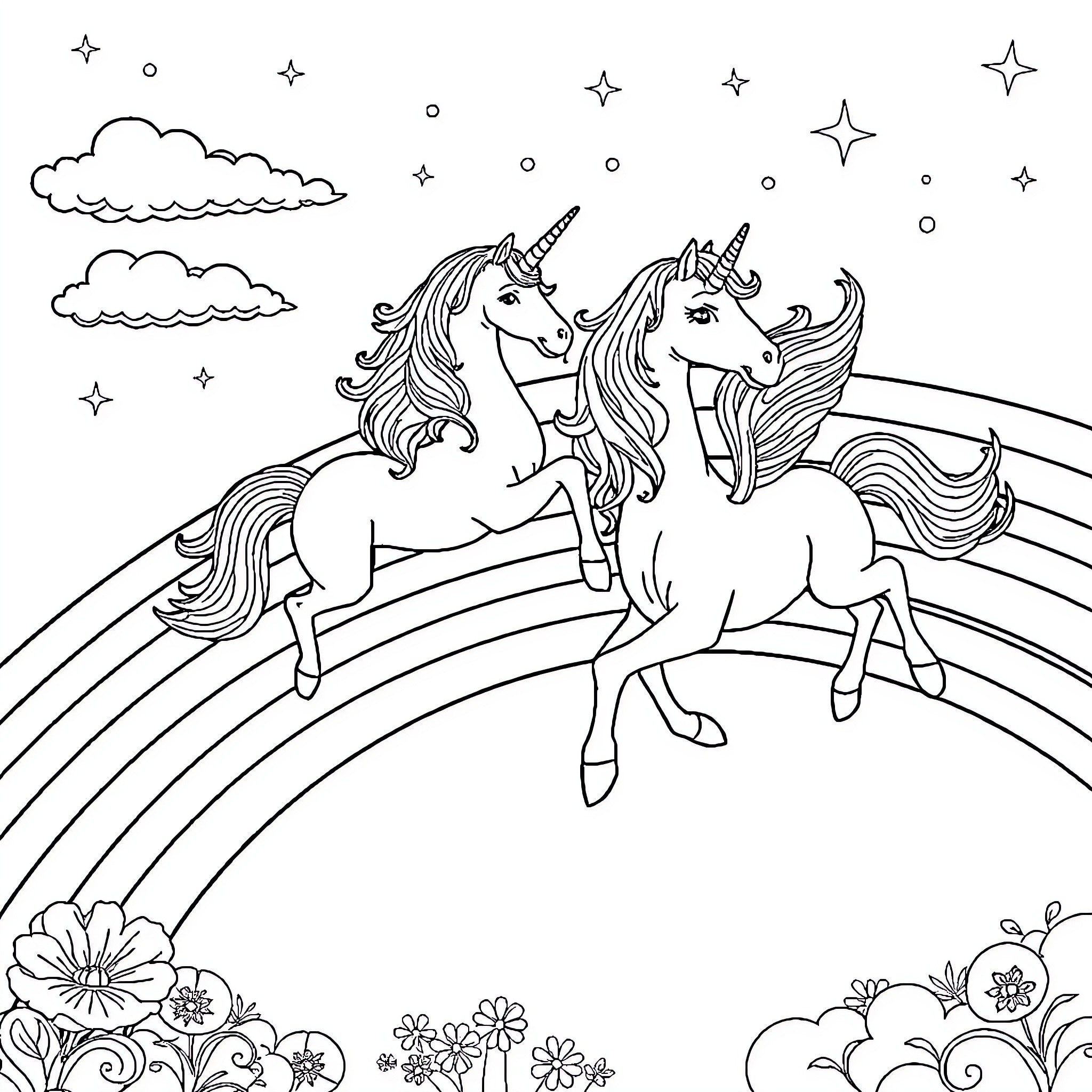 Unicorn pair running happily through a magical landscape Coloring Page (free black-and-white line drawing printable PDF for all, from beginners to advanced learners, including children, teens, adults, and seniors)