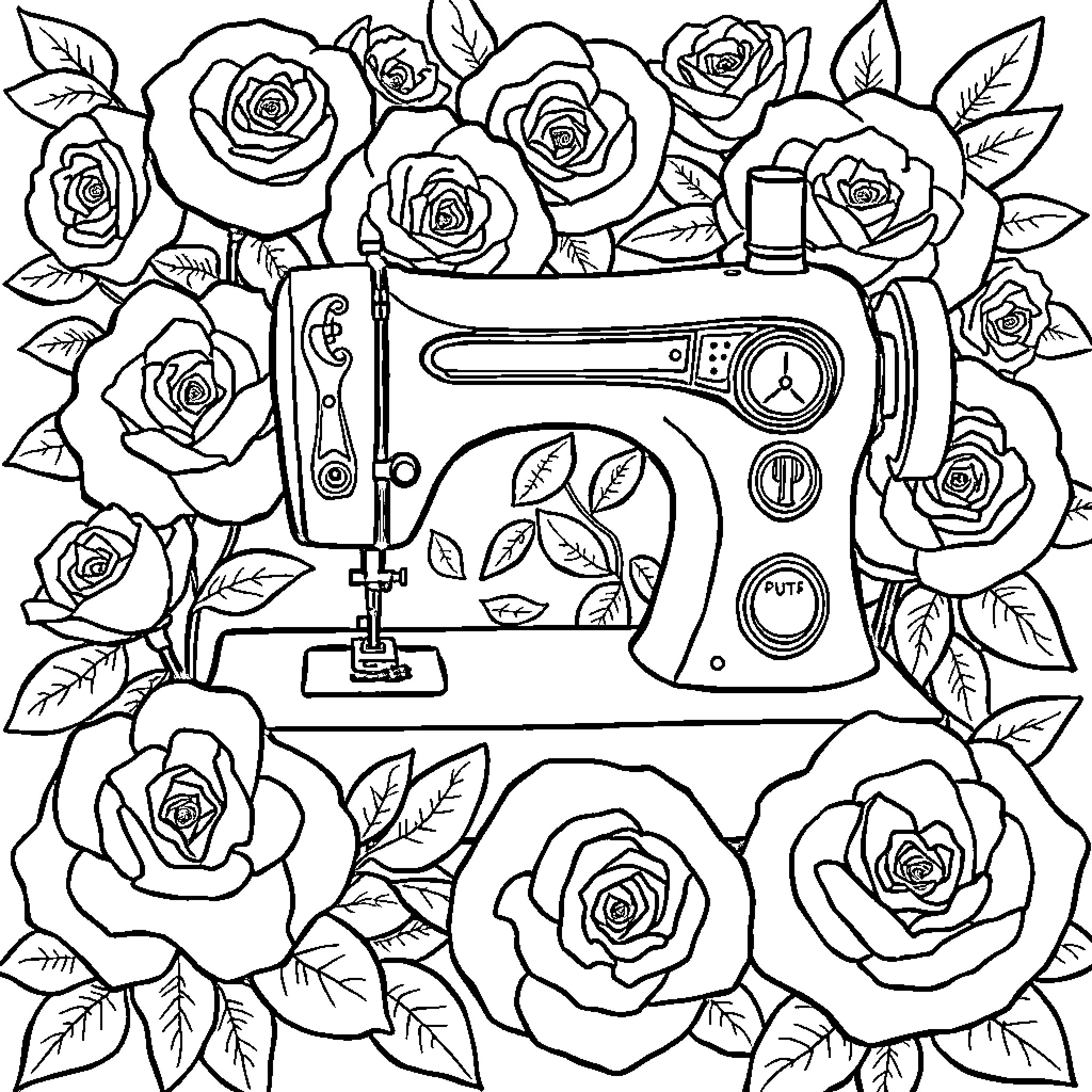 Sewing Machine Surrounded by Blooming Roses Coloring Page (free black-and-white line drawing printable PDF for all, from beginners to advanced learners, including children, teens, adults, and seniors)