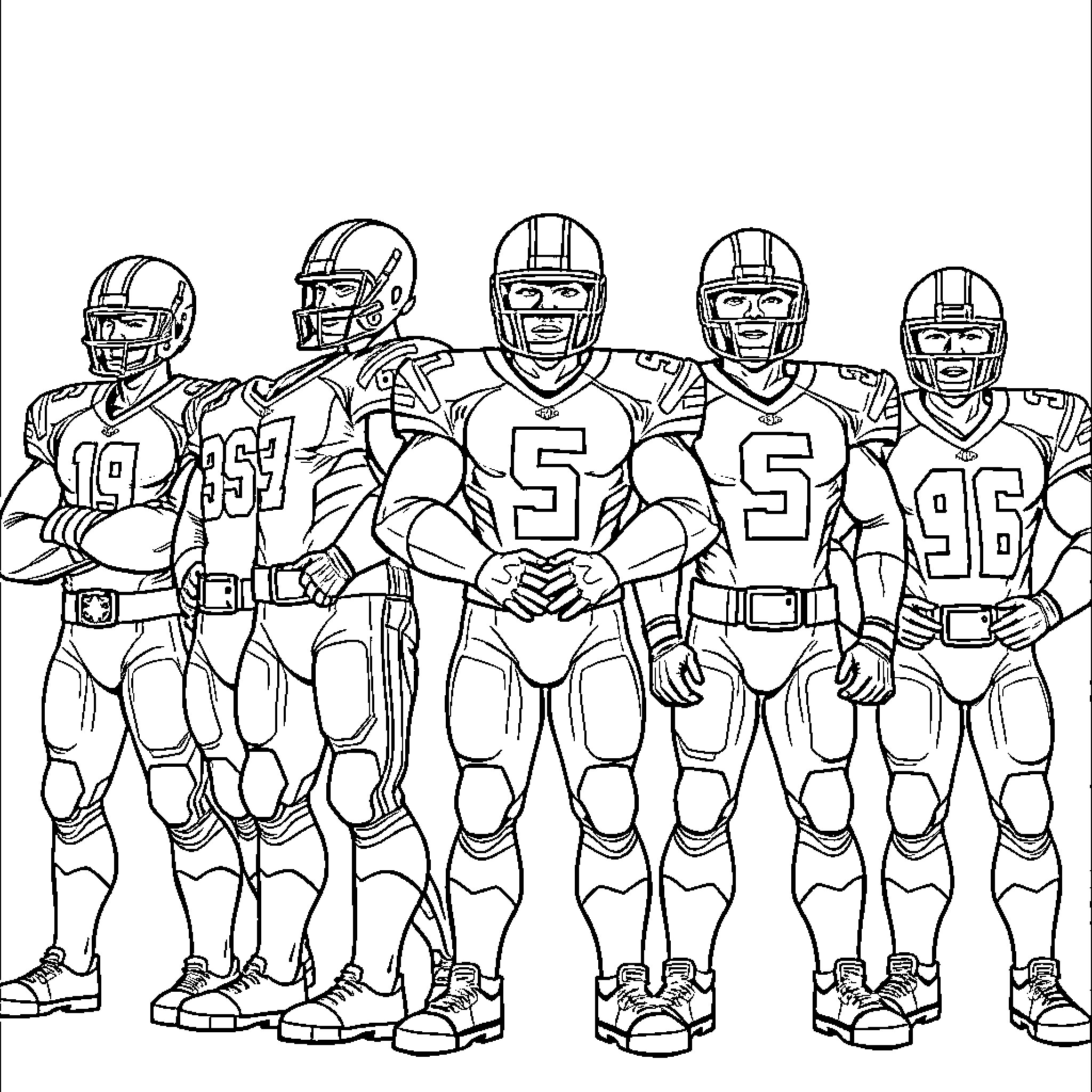 Superhero Football Players in Uniform Coloring Page (free black-and-white line drawing printable PDF for all, from beginners to advanced learners, including children, teens, adults, and seniors)
