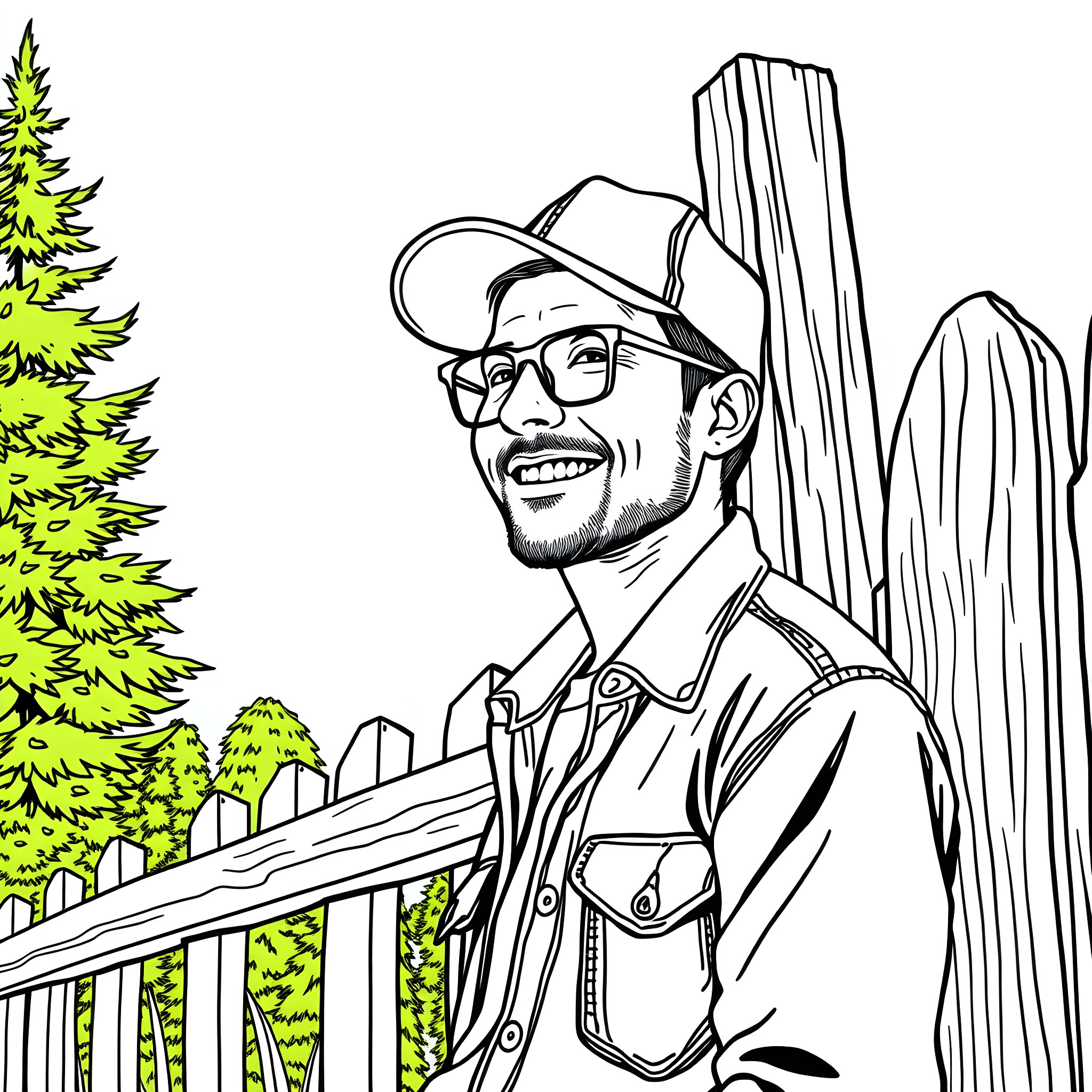 Man smiles cheerfully in outdoor setting Coloring Page (free black-and-white line drawing printable PDF for all, from beginners to advanced learners, including children, teens, adults, and seniors)