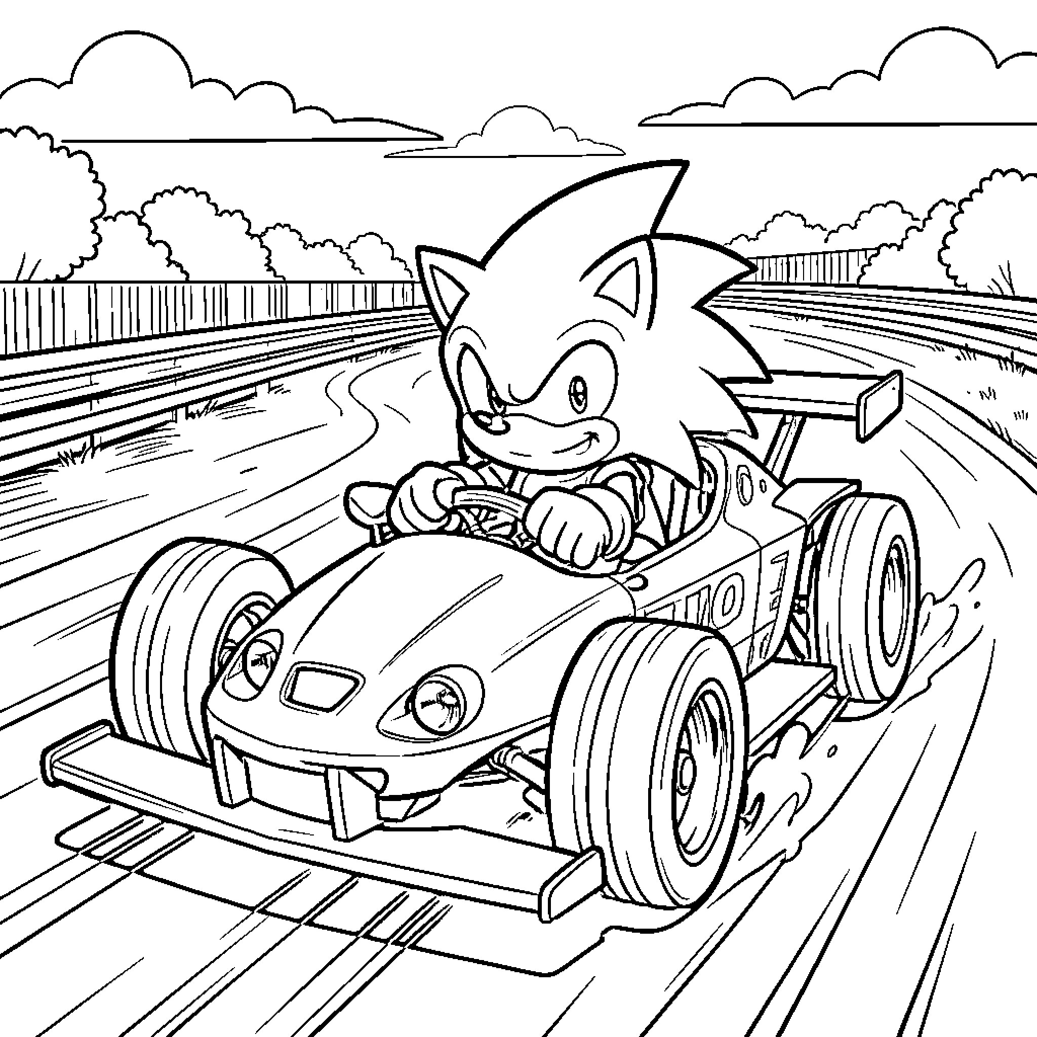 Sonic driving a racing car on a track Coloring Page (free black-and-white line drawing printable PDF for all, from beginners to advanced learners, including children, teens, adults, and seniors)