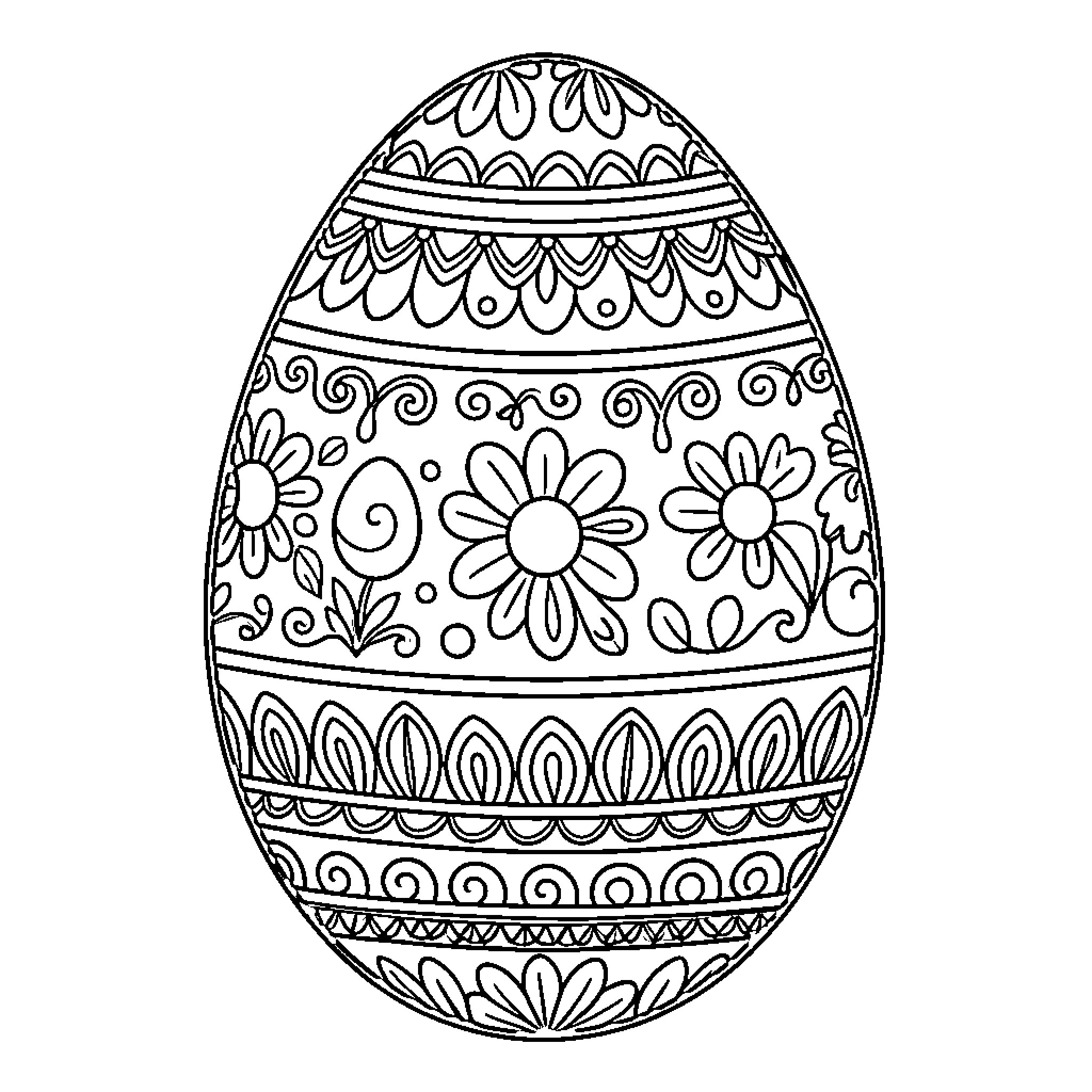 Easter Egg Decorated with Floral Patterns and Swirls Coloring Page (free black-and-white line drawing printable PDF for all, from beginners to advanced learners, including children, teens, adults, and seniors)