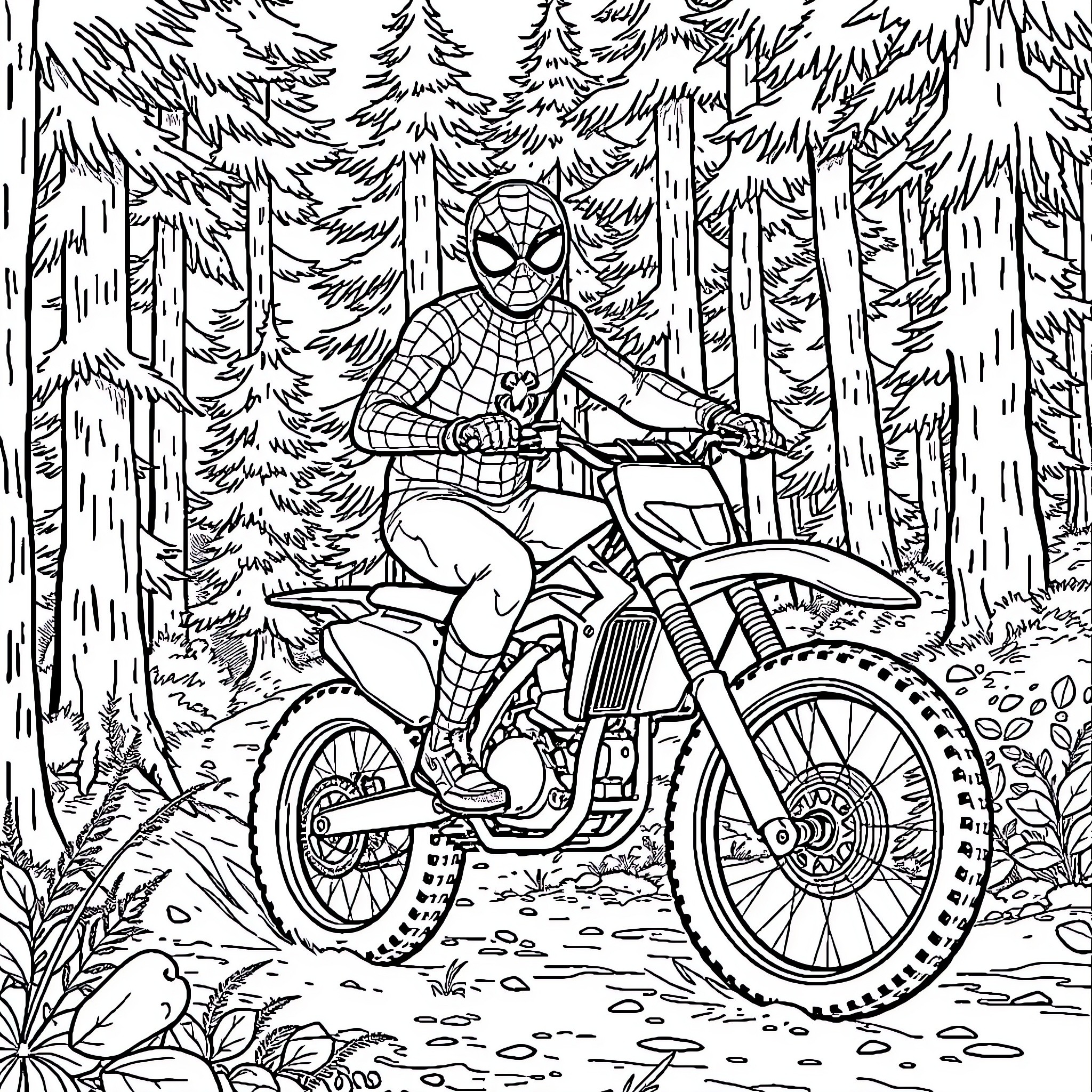 Spiderman riding dirt bike through forest Coloring Page (free black-and-white line drawing printable PDF for all, from beginners to advanced learners, including children, teens, adults, and seniors)