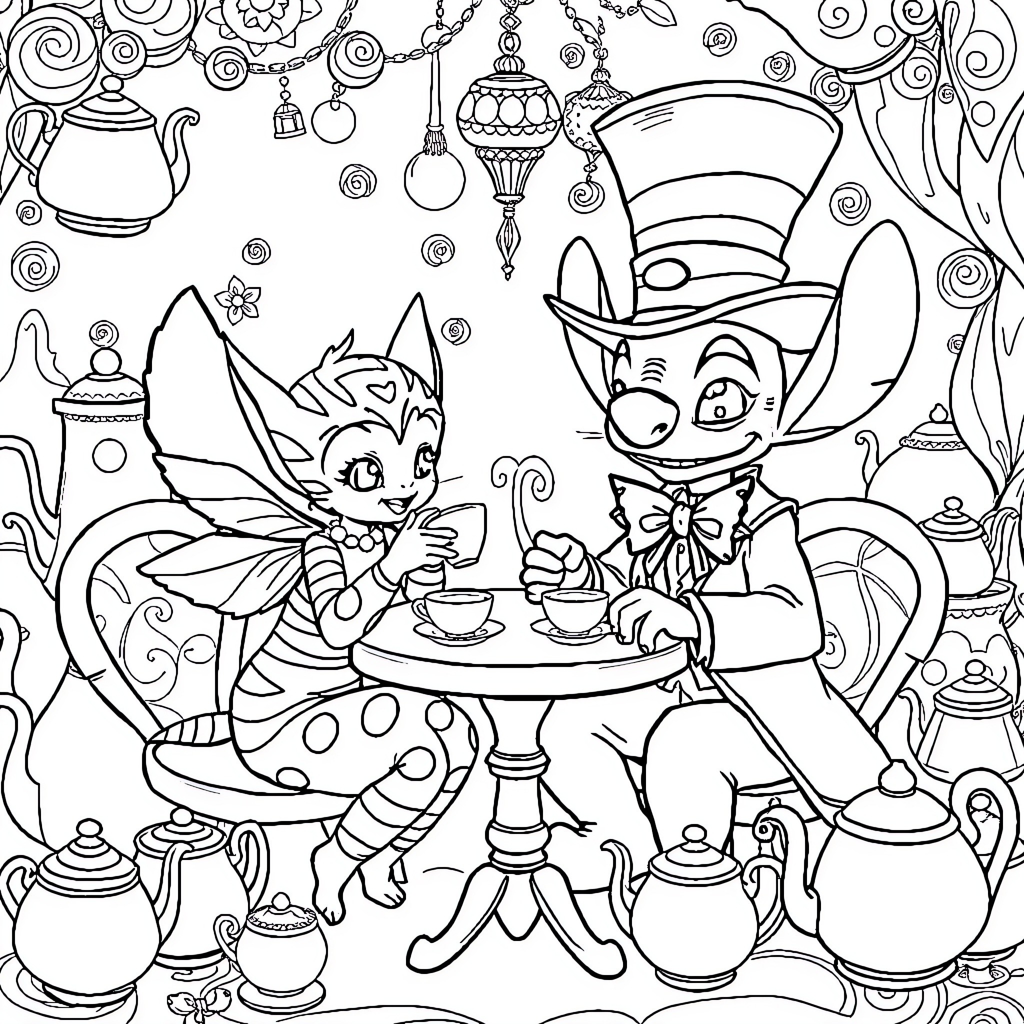 Angel Fairy and Mad Hatter Enjoy Tea Time Together Coloring Page (free black-and-white line drawing printable PDF for all, from beginners to advanced learners, including children, teens, adults, and seniors)