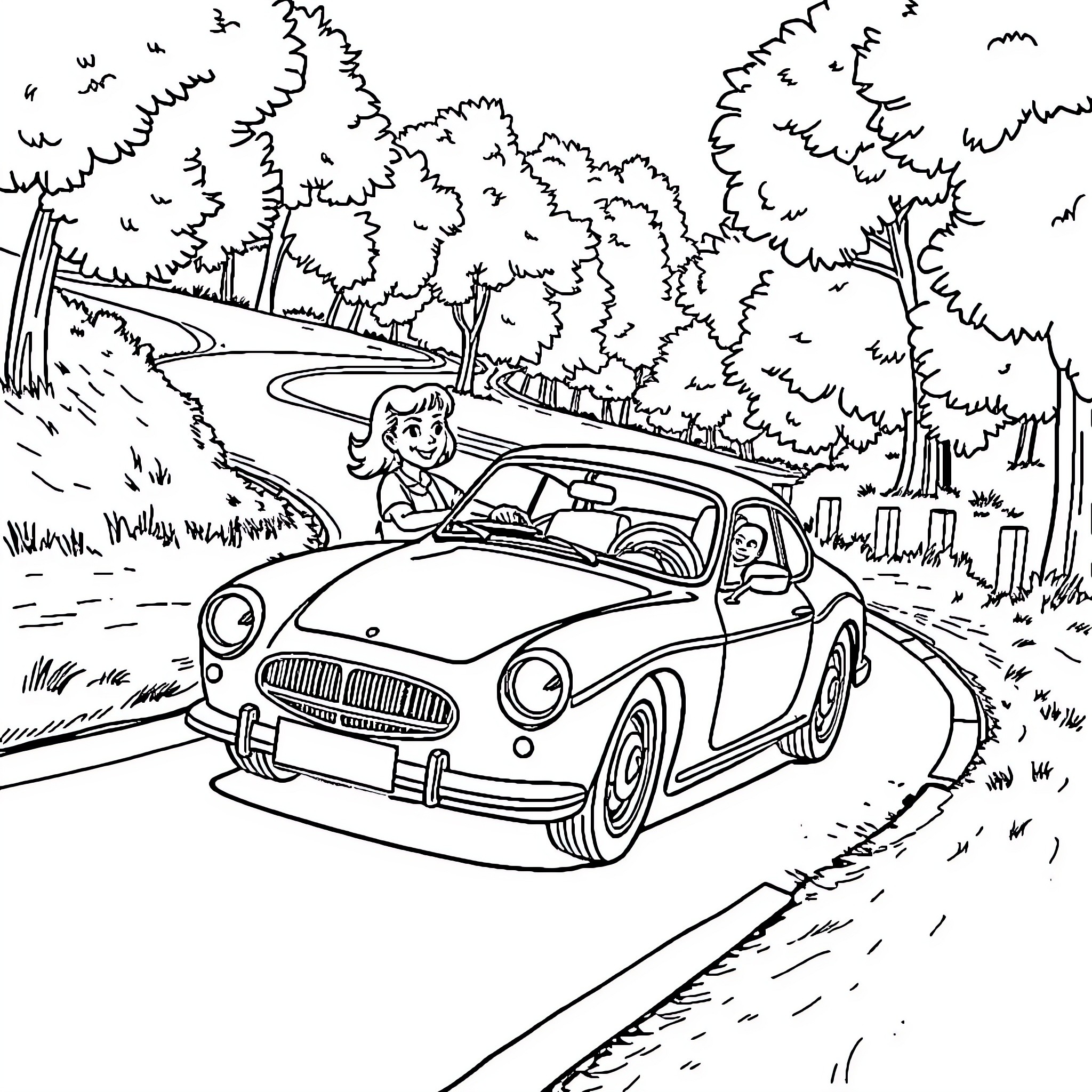 Ma Ferguson drives classic car down forest road Coloring Page (free black-and-white line drawing printable PDF for all, from beginners to advanced learners, including children, teens, adults, and seniors)