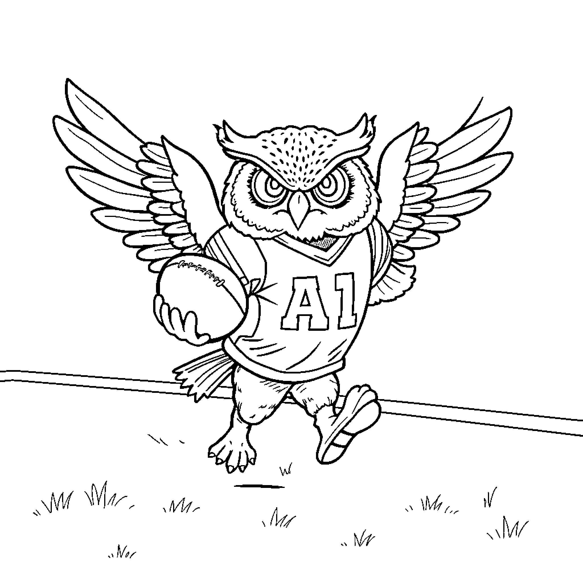 Owl wearing sports jersey in the field Coloring Page (free black-and-white line drawing printable PDF for all, from beginners to advanced learners, including children, teens, adults, and seniors)