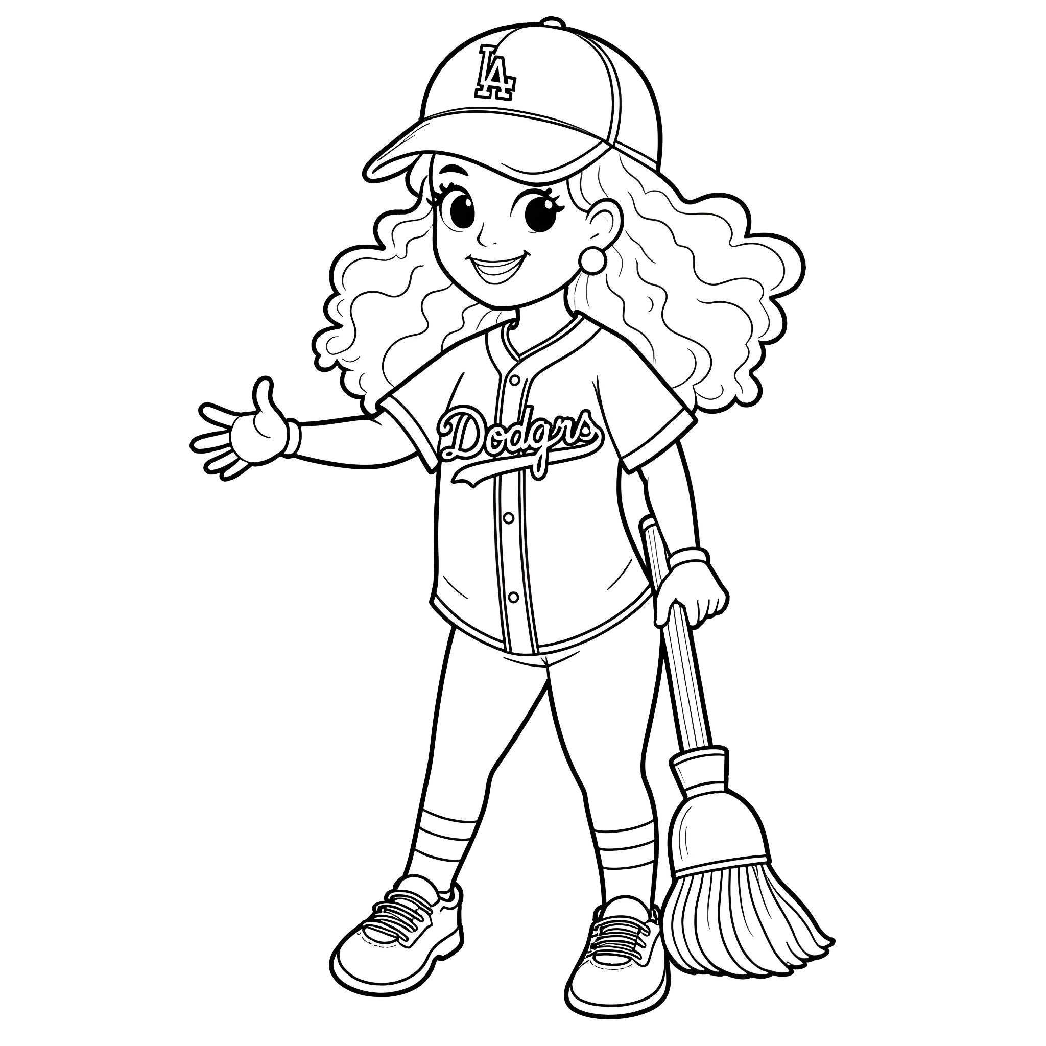 Reba, the Dodgers fan, happily sweeping the dugout Coloring Page (free black-and-white line drawing printable PDF for all, from beginners to advanced learners, including children, teens, adults, and seniors)