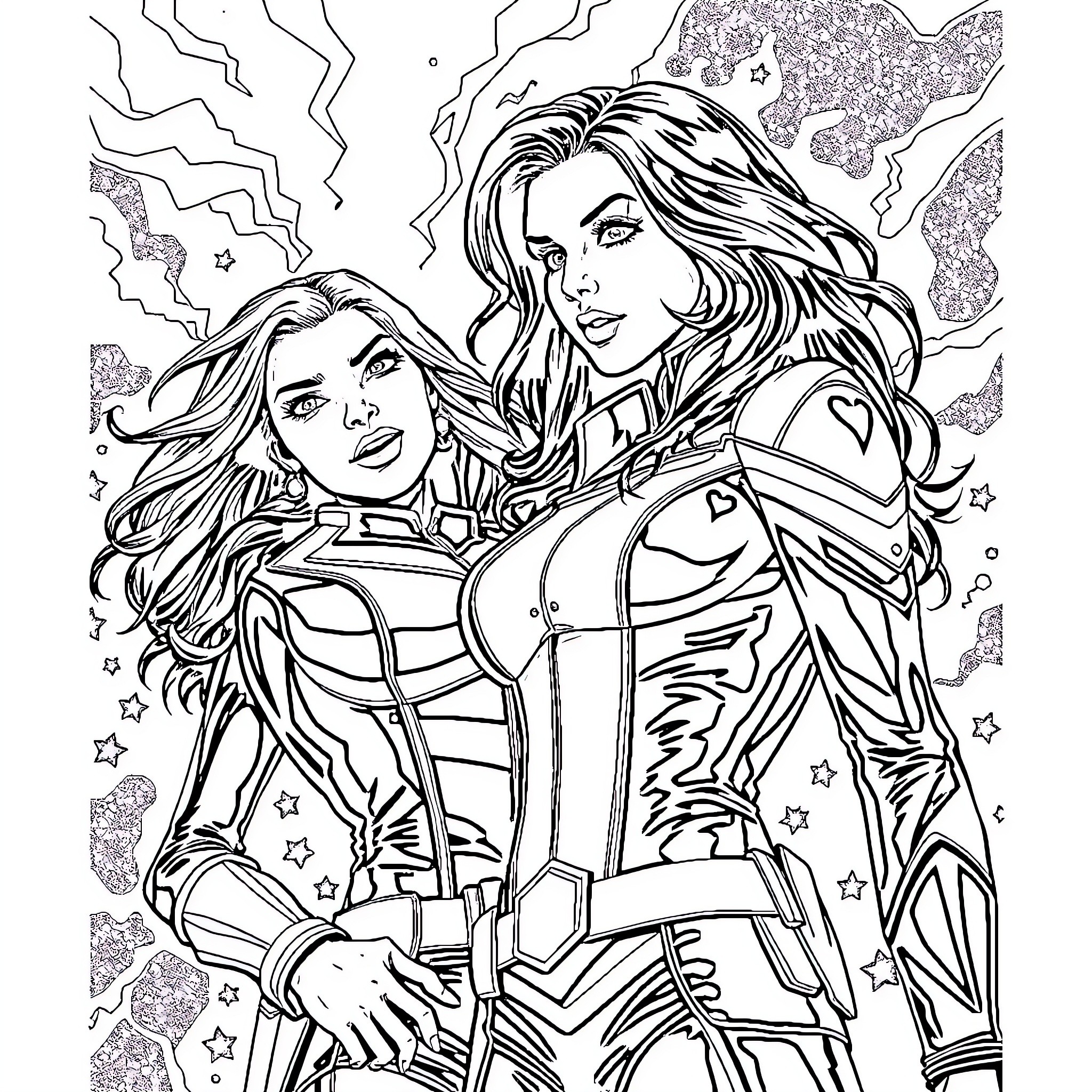 Sara and Ava in Heroic Pose Coloring Page (free black-and-white line drawing printable PDF for all, from beginners to advanced learners, including children, teens, adults, and seniors)
