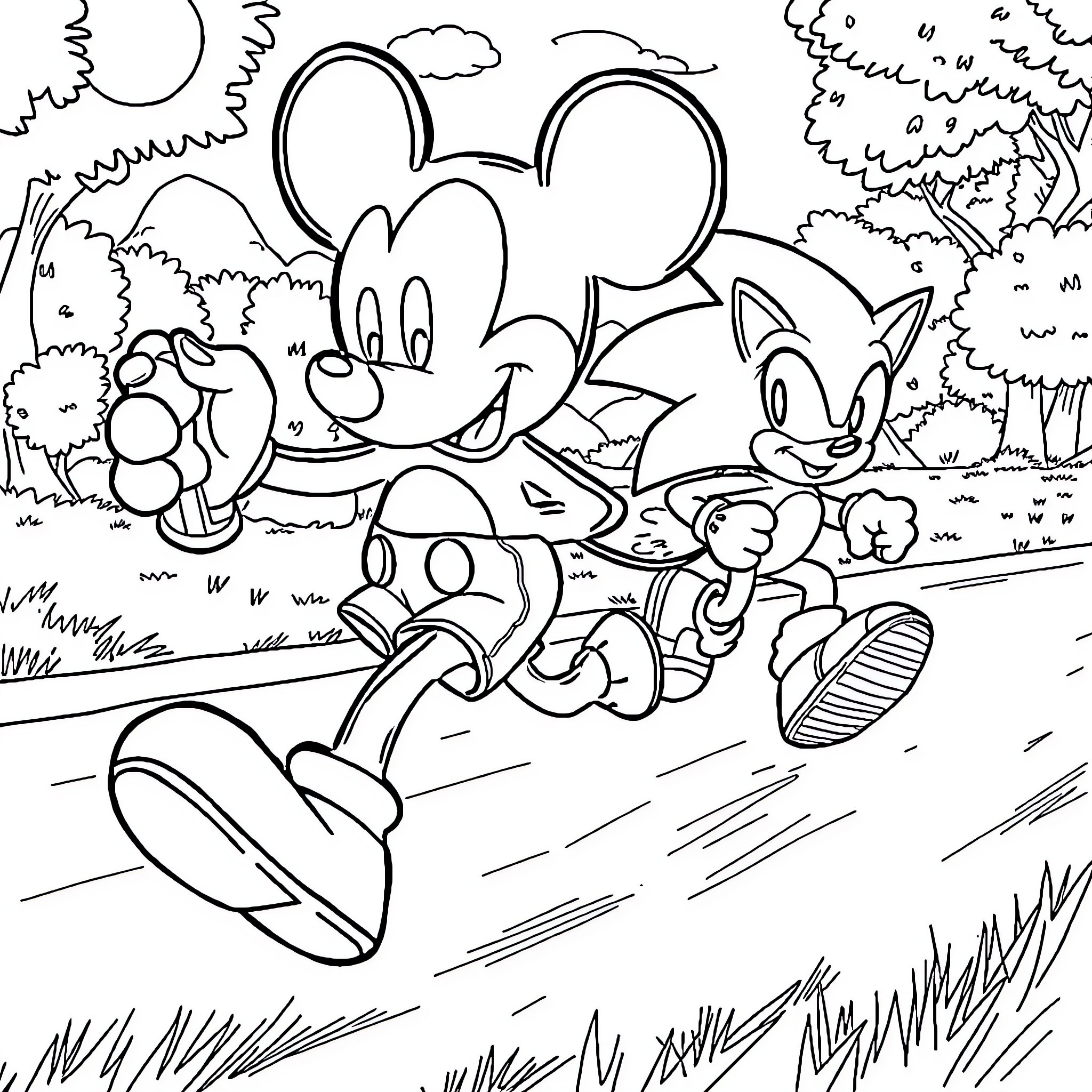 Mickey Mouse and friends playing in the park Coloring Page (free black-and-white line drawing printable PDF for all, from beginners to advanced learners, including children, teens, adults, and seniors)