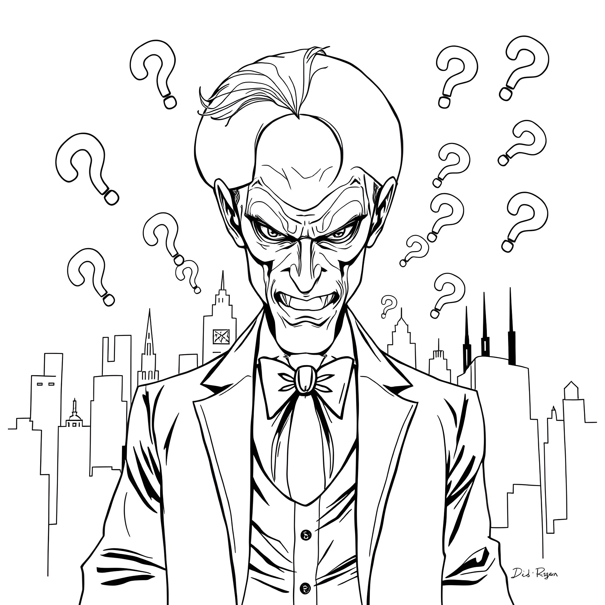 Riddler puzzling over the city skyline Coloring Page (free black-and-white line drawing printable PDF for all, from beginners to advanced learners, including children, teens, adults, and seniors)