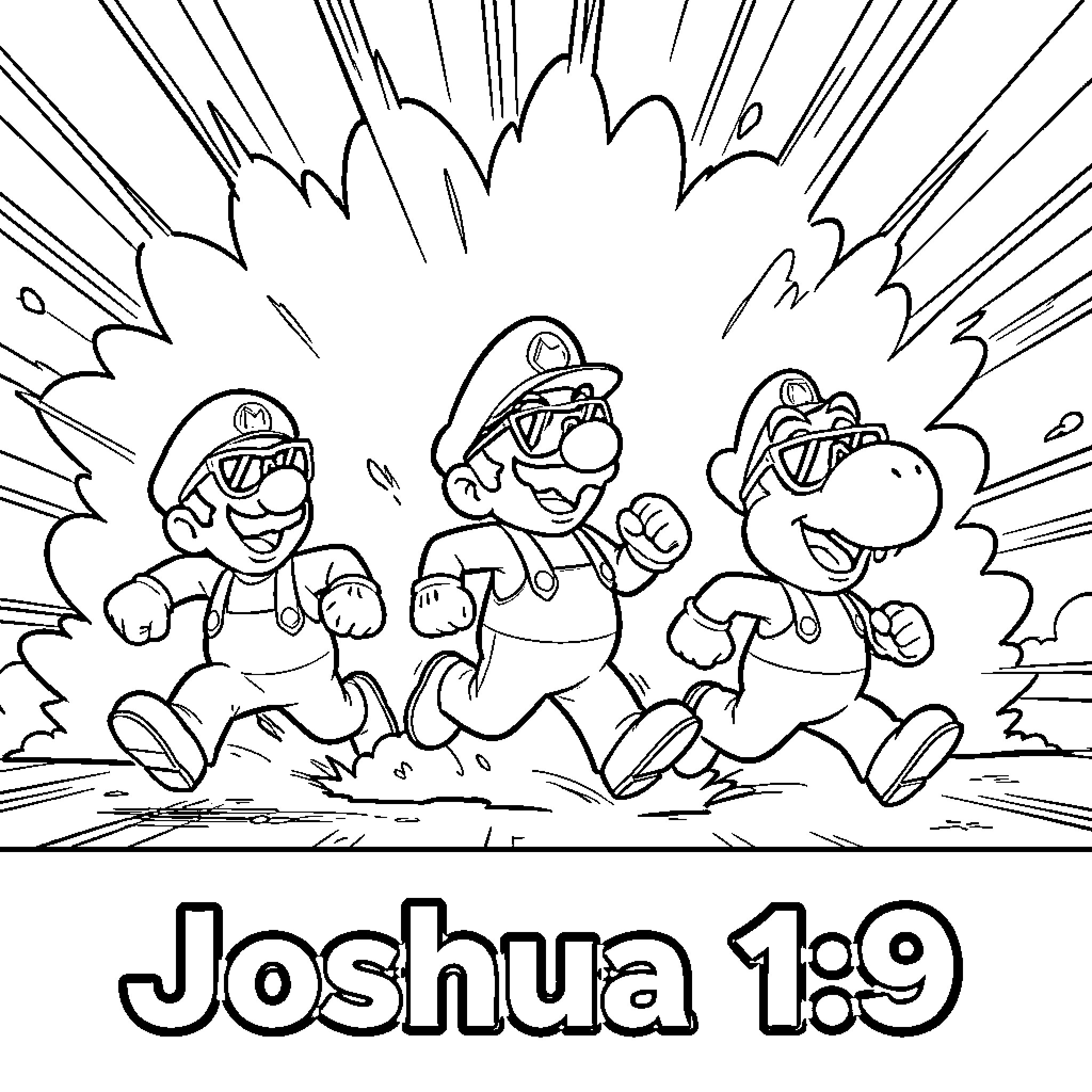 Mario and friends running joyfully together Coloring Page (free black-and-white line drawing printable PDF for all, from beginners to advanced learners, including children, teens, adults, and seniors)