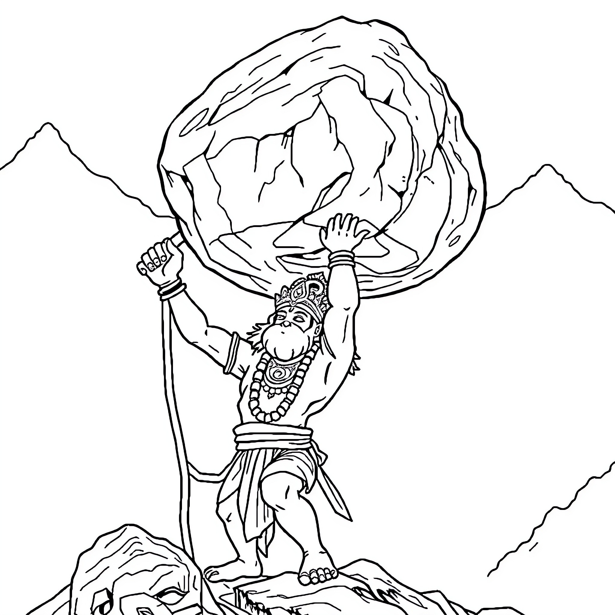Hanuman lifting the Himalayan mountain Coloring Page (free black-and-white line drawing printable PDF for all, from beginners to advanced learners, including children, teens, adults, and seniors)