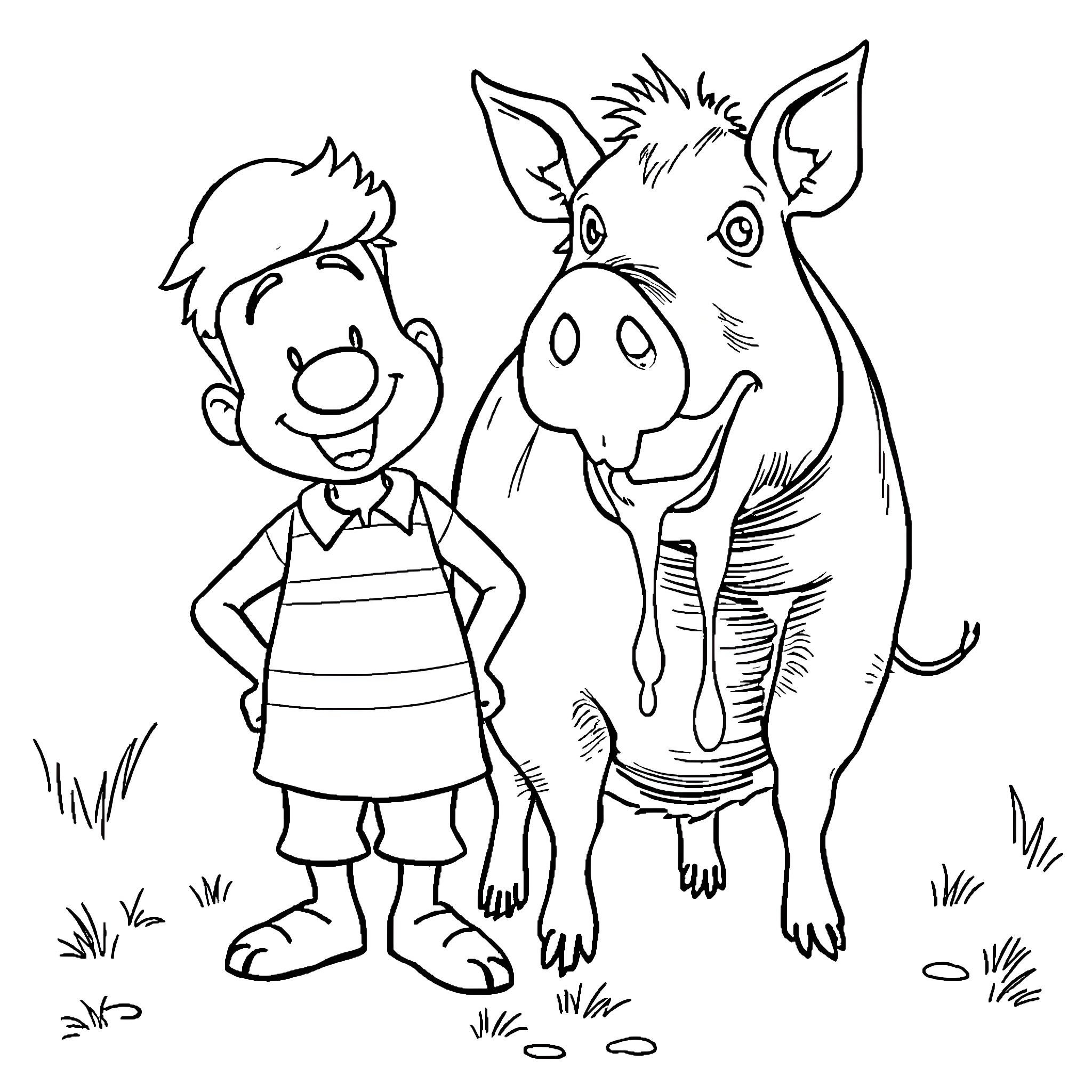 Milhouse and his friend the wild boar Coloring Page (free black-and-white line drawing printable PDF for all, from beginners to advanced learners, including children, teens, adults, and seniors)