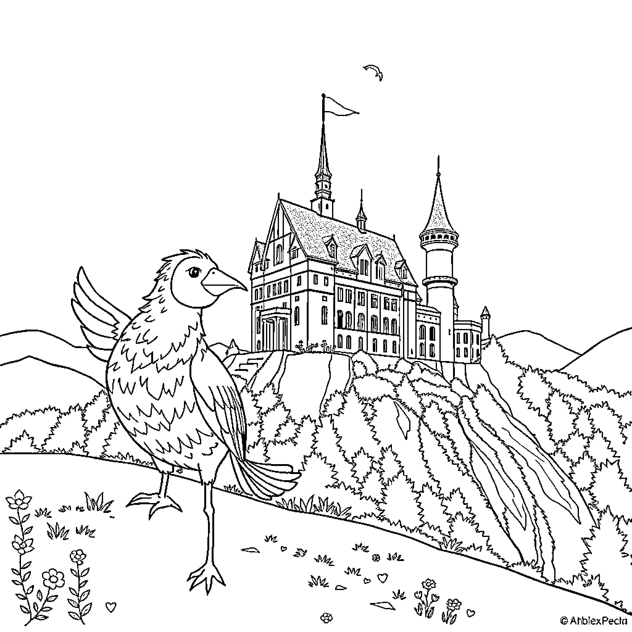 Känguru and the Whimsical Castle Coloring Page (free black-and-white line drawing printable PDF for all, from beginners to advanced learners, including children, teens, adults, and seniors)