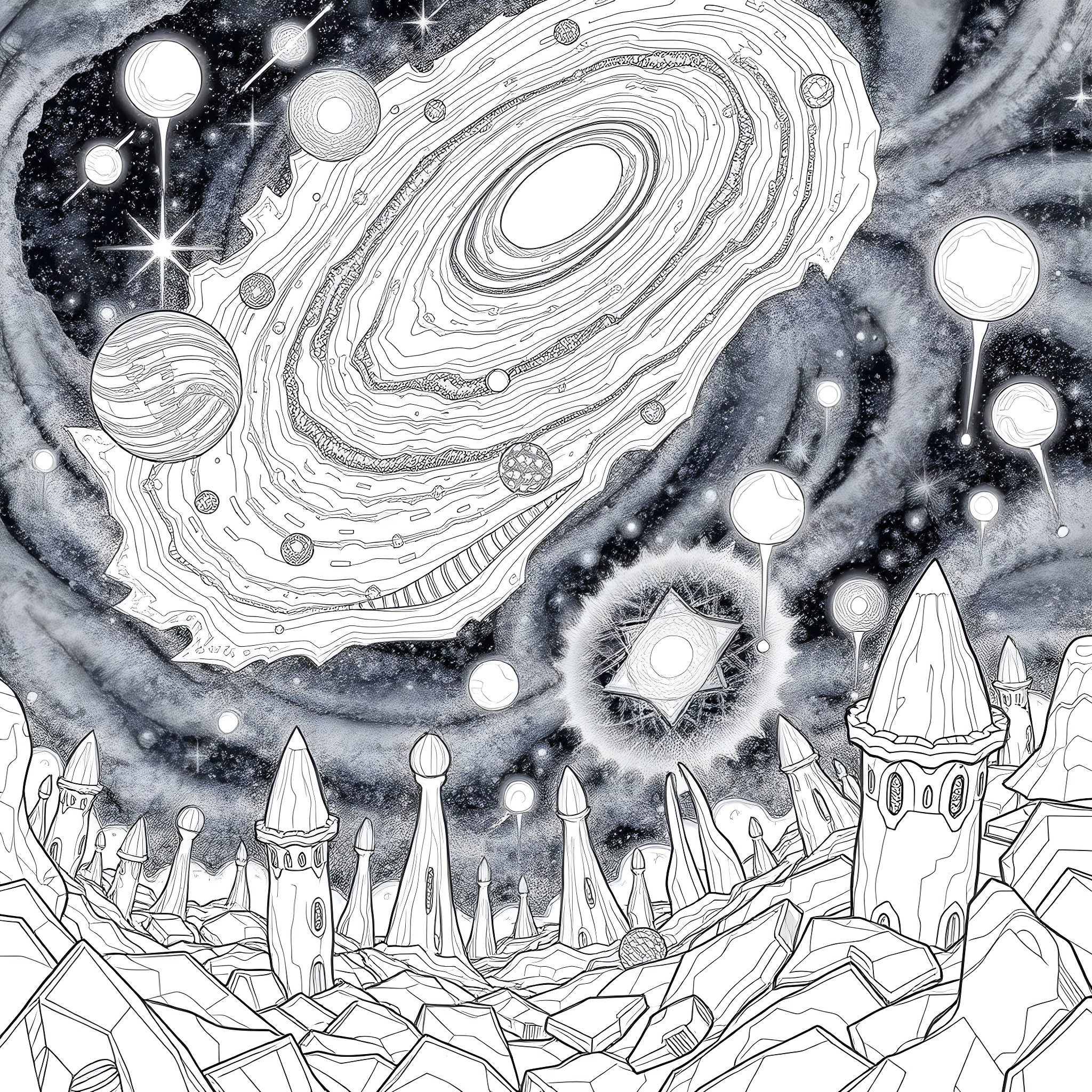 Space Exploration of Cosmic Wonders and Celestial Landscapes Coloring Page (free black-and-white line drawing printable PDF for all, from beginners to advanced learners, including children, teens, adults, and seniors)