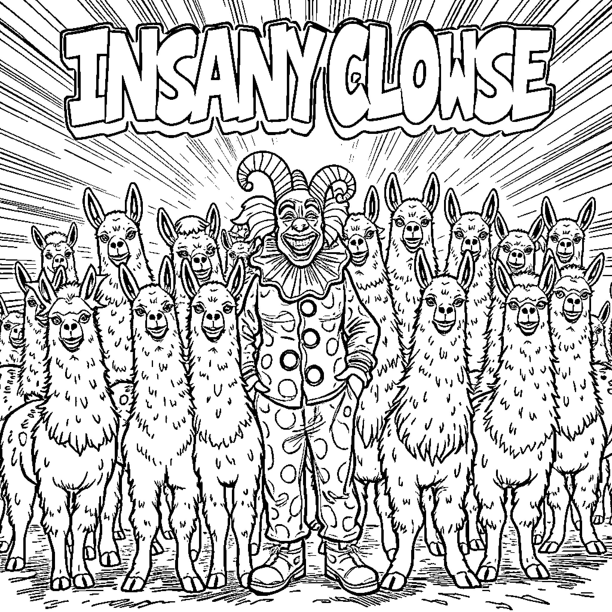 Clown and Llamas in Whimsical Scene Coloring Page (free black-and-white line drawing printable PDF for all, from beginners to advanced learners, including children, teens, adults, and seniors)