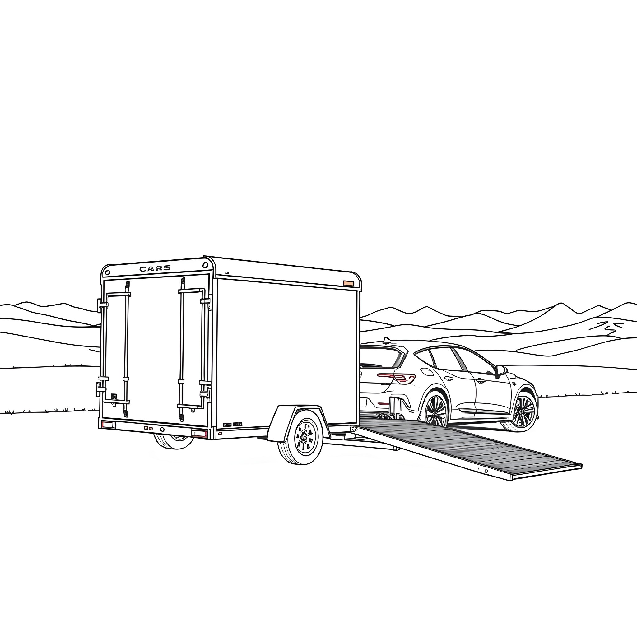 Car Trailer Transporting a Luxury Vehicle Coloring Page (free black-and-white line drawing printable PDF for all, from beginners to advanced learners, including children, teens, adults, and seniors)