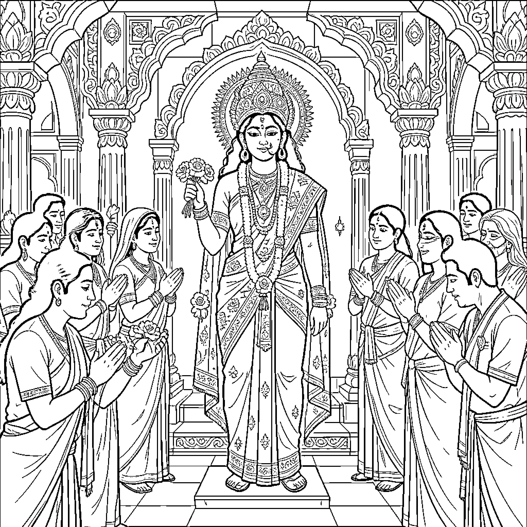 Soudeswari standing gracefully surrounded by devotees in prayer Coloring Page (free black-and-white line drawing printable PDF for all, from beginners to advanced learners, including children, teens, adults, and seniors)