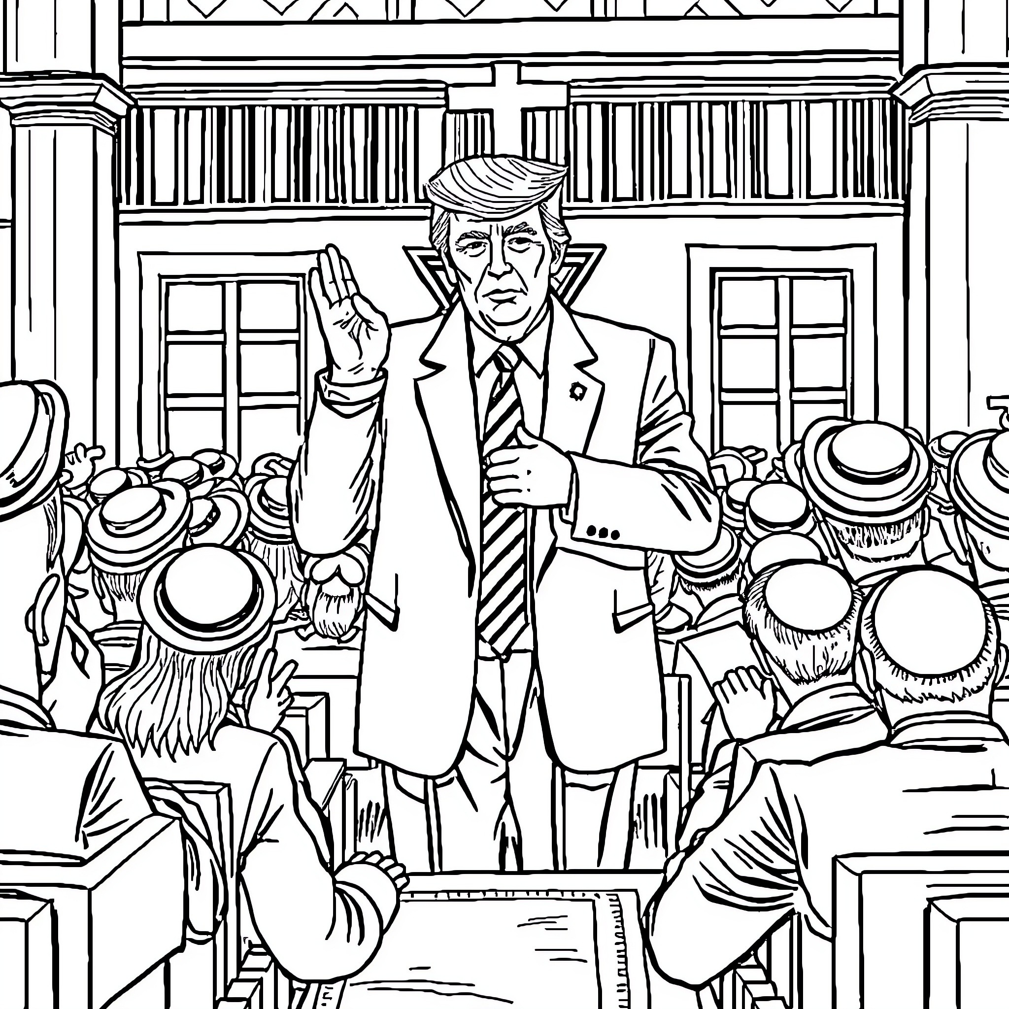 Donald Trump Addressing a Crowd in a Formal Setting Coloring Page (free black-and-white line drawing printable PDF for all, from beginners to advanced learners, including children, teens, adults, and seniors)