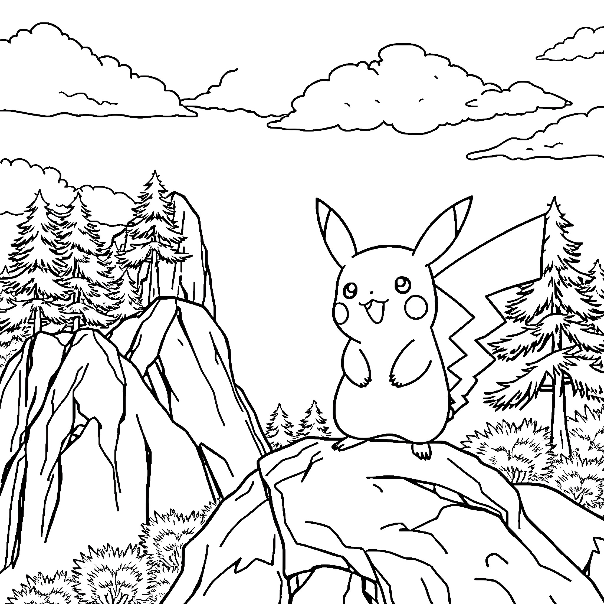 Pikachu's Outdoor Adventure Coloring Page (free black-and-white line drawing printable PDF for all, from beginners to advanced learners, including children, teens, adults, and seniors)