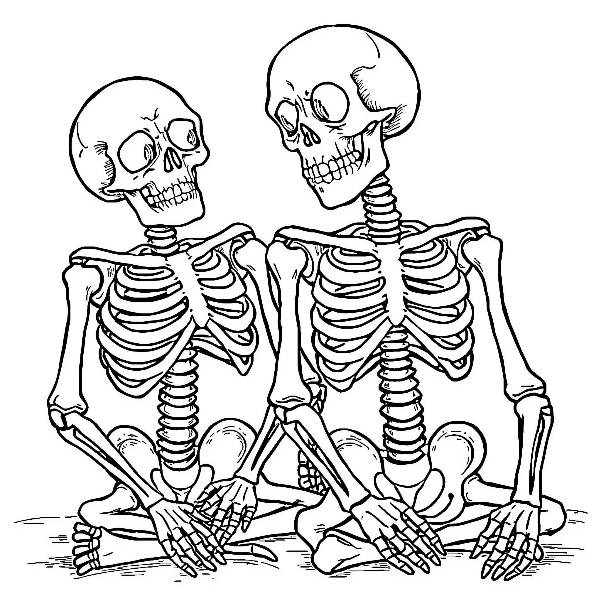 Skeleton figures in playful interaction Coloring Page (free black-and-white line drawing printable PDF for all, from beginners to advanced learners, including children, teens, adults, and seniors)