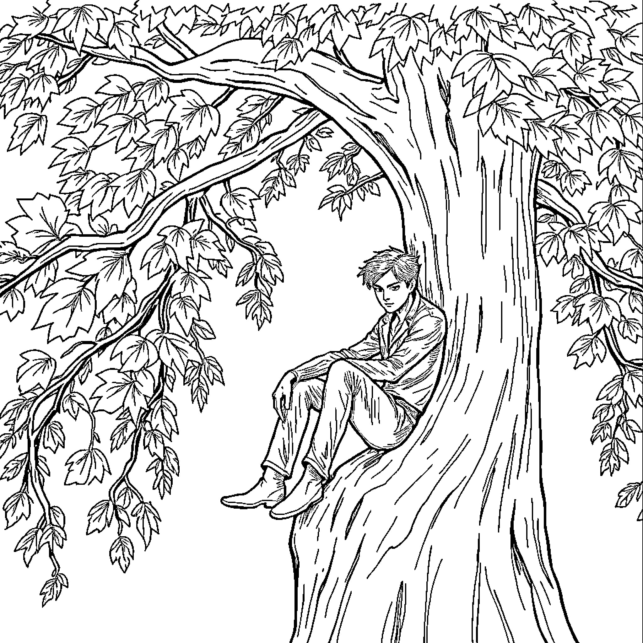 Edward's Solitary Reflection in the Forest Coloring Page (free black-and-white line drawing printable PDF for all, from beginners to advanced learners, including children, teens, adults, and seniors)