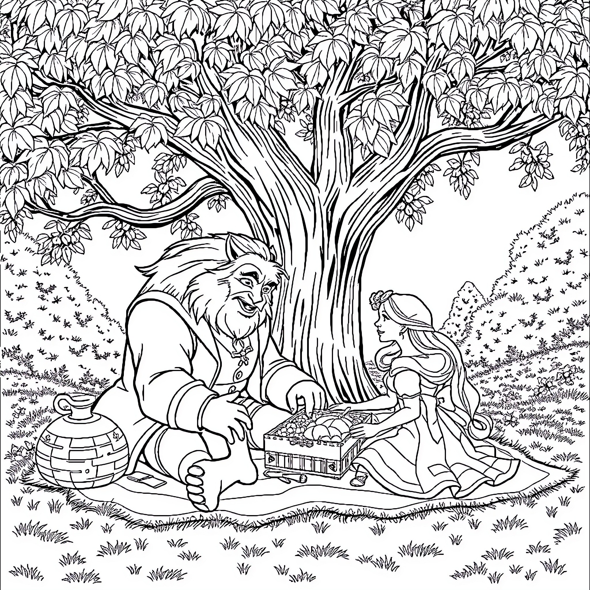 Beauty And The Beast Sharing A Picnic In The Enchanted Forest Coloring Page (free black-and-white line drawing printable PDF for all, from beginners to advanced learners, including children, teens, adults, and seniors)