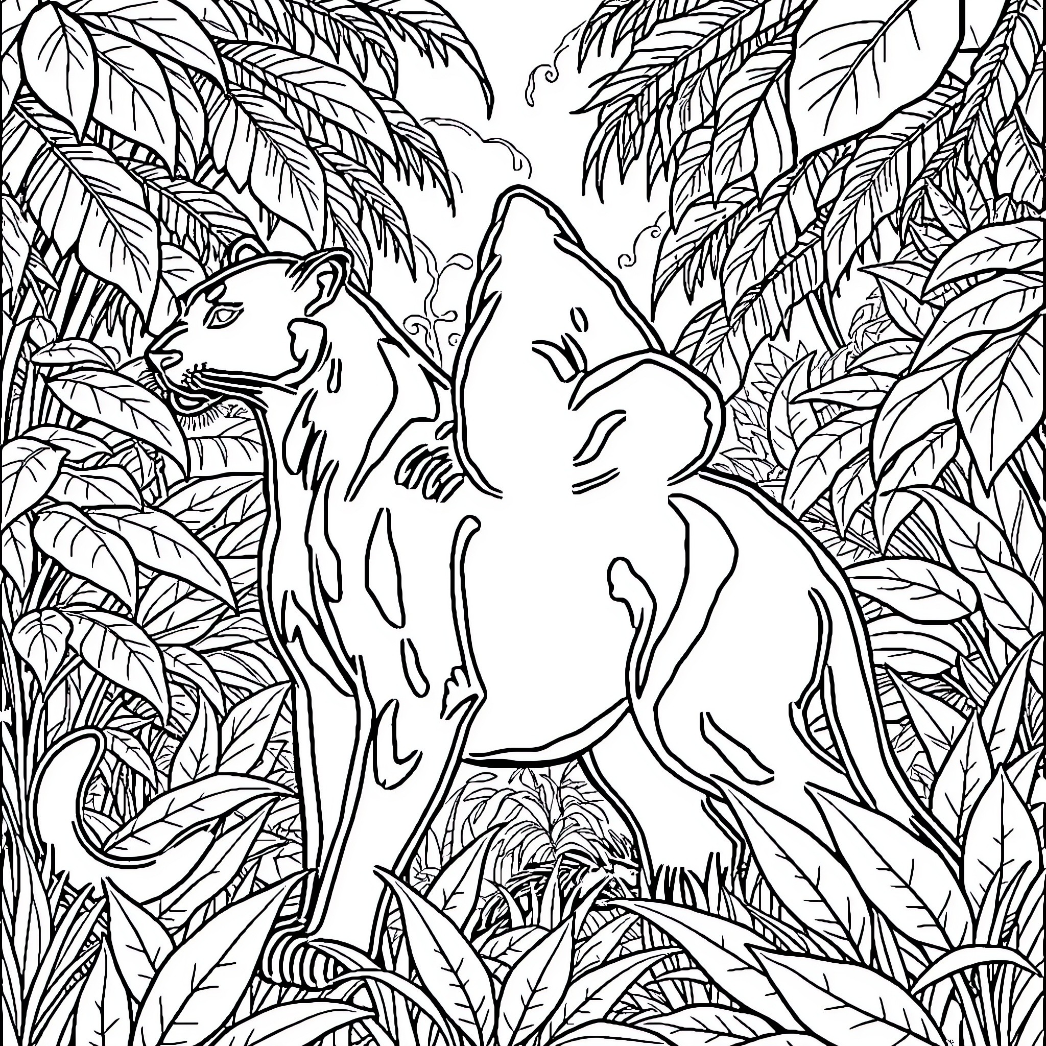 Panther prowling through lush jungle foliage Coloring Page (free black-and-white line drawing printable PDF for all, from beginners to advanced learners, including children, teens, adults, and seniors)