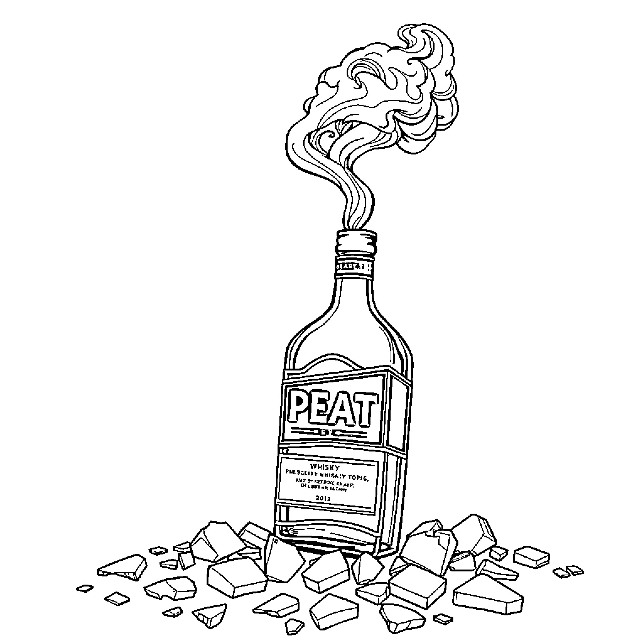 Whisky bottle with peat-infused smoke Coloring Page (free black-and-white line drawing printable PDF for all, from beginners to advanced learners, including children, teens, adults, and seniors)