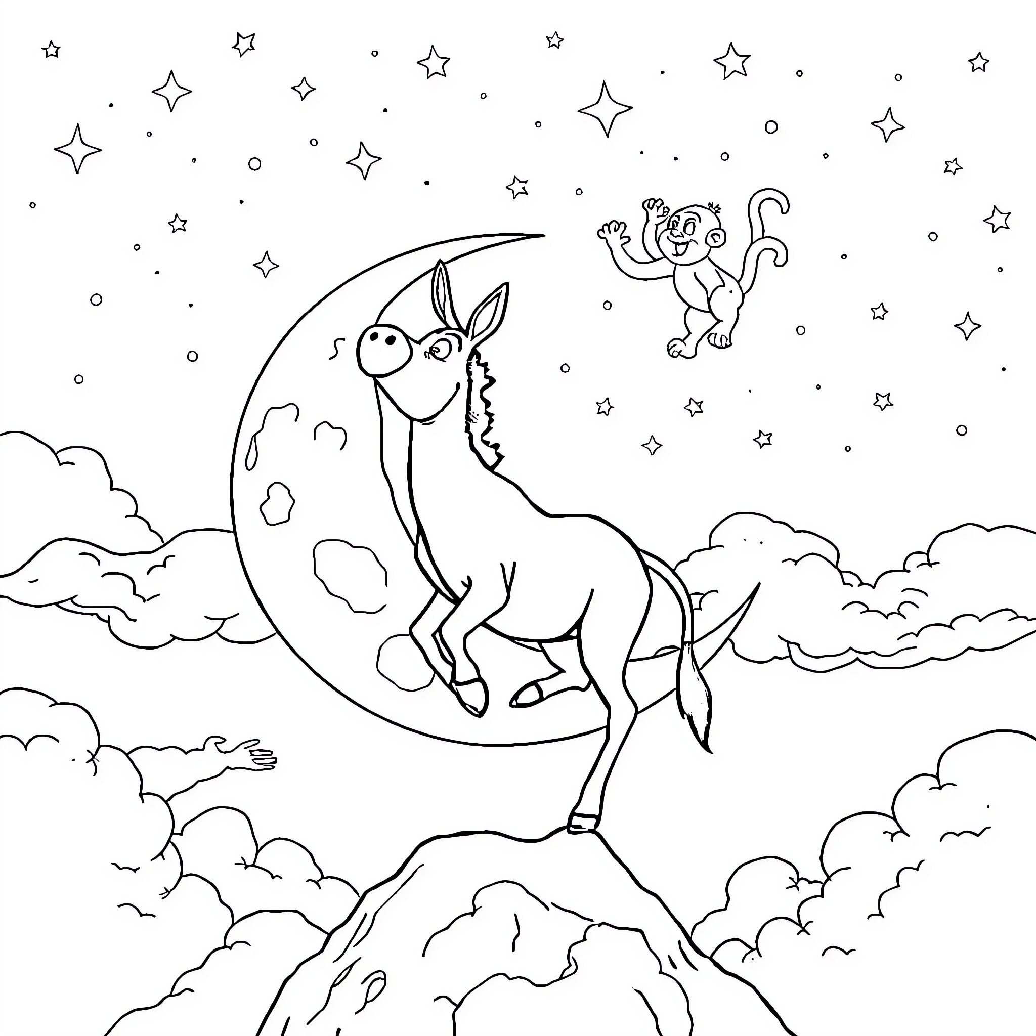 Donkey gazing at the starry night sky Coloring Page (free black-and-white line drawing printable PDF for all, from beginners to advanced learners, including children, teens, adults, and seniors)