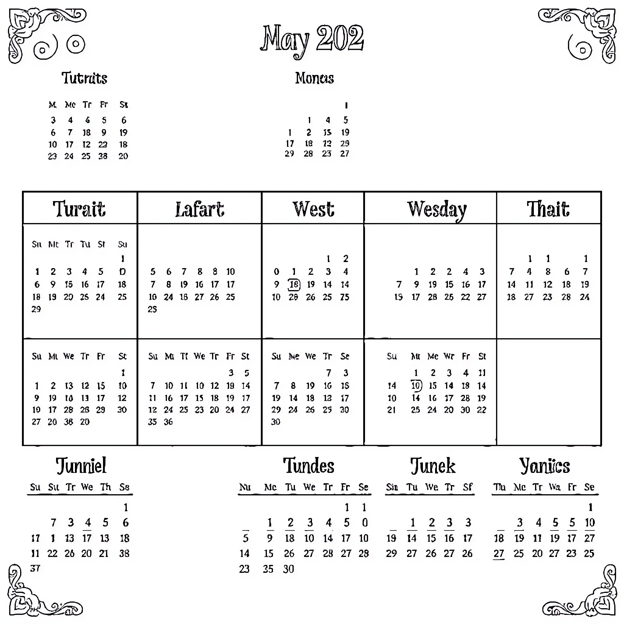 Calendar layout with month and days for May 2021 Coloring Page (free black-and-white line drawing printable PDF for all, from beginners to advanced learners, including children, teens, adults, and seniors)
